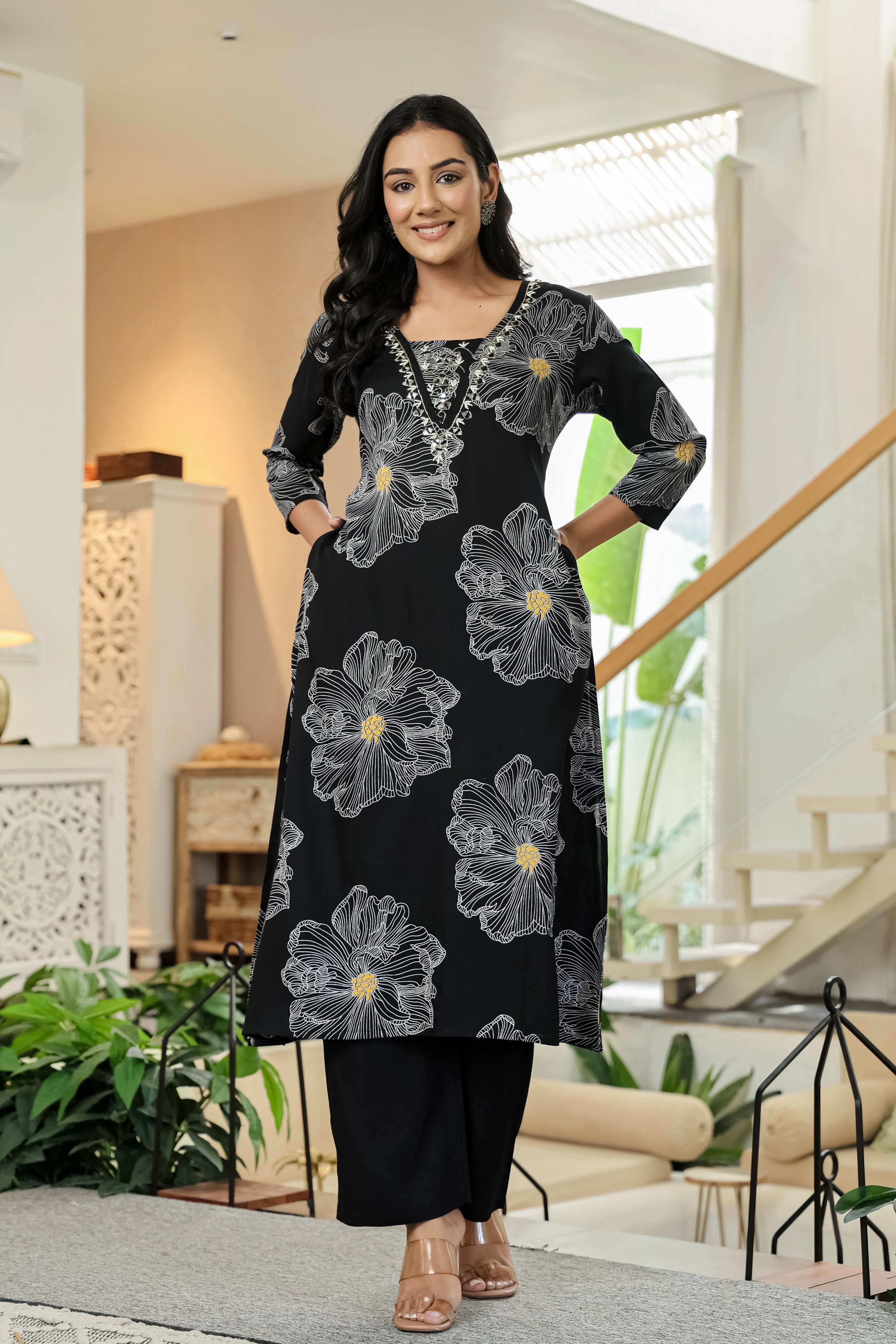Black Floral Kurta Set