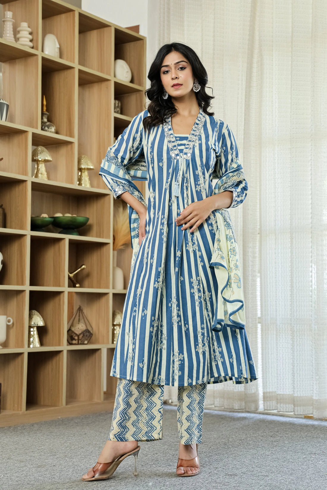 Blue Straight Cotton Kurta Pant Dupatta Set