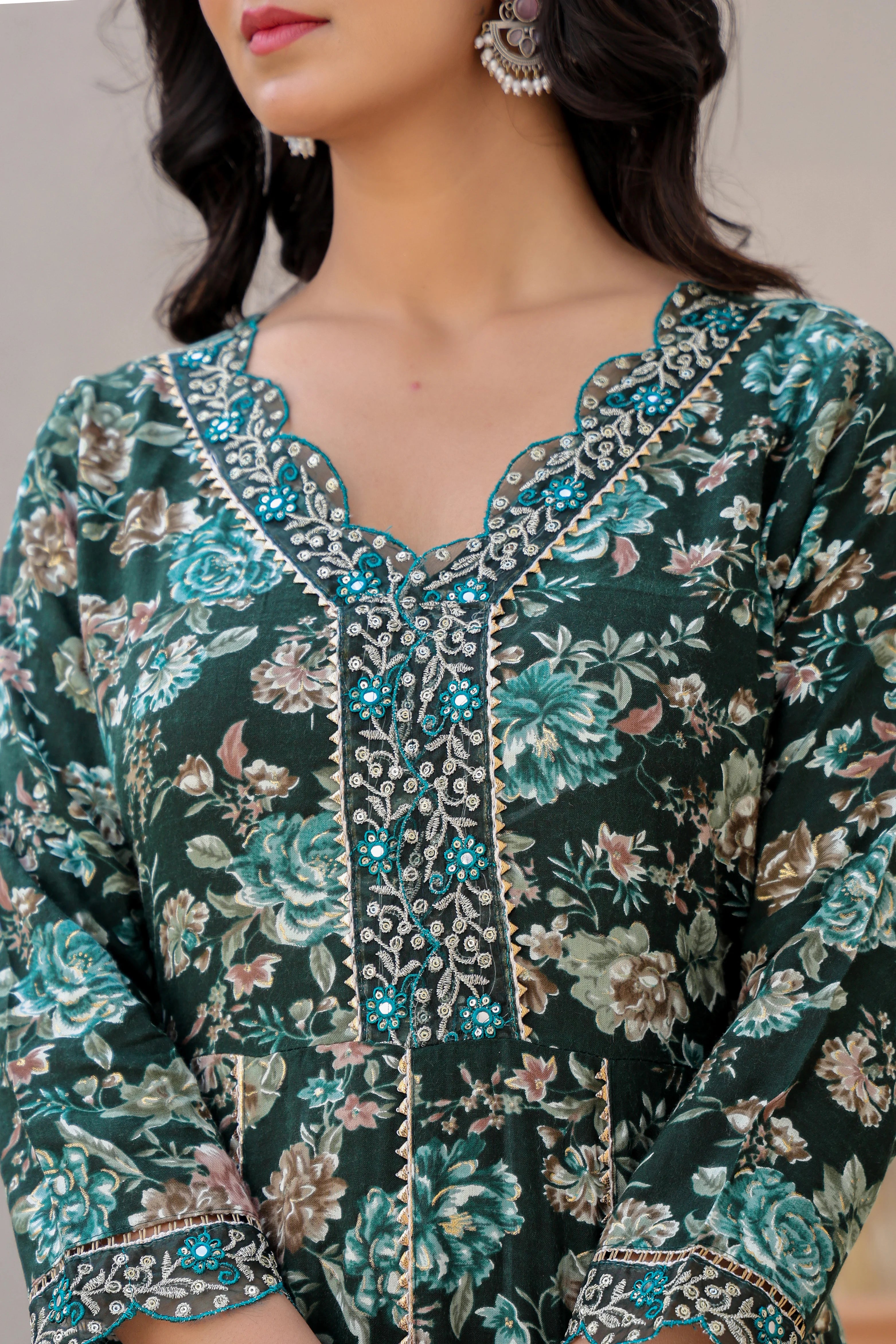 Dark Green Heavy Embroidery Floral Kurta Set with Dupatta