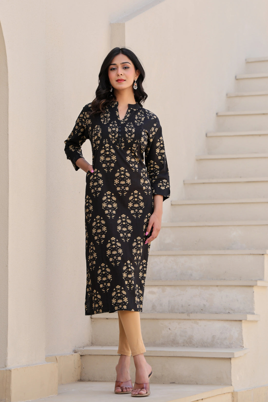 Black Printed Straight Kurti With Printex Work