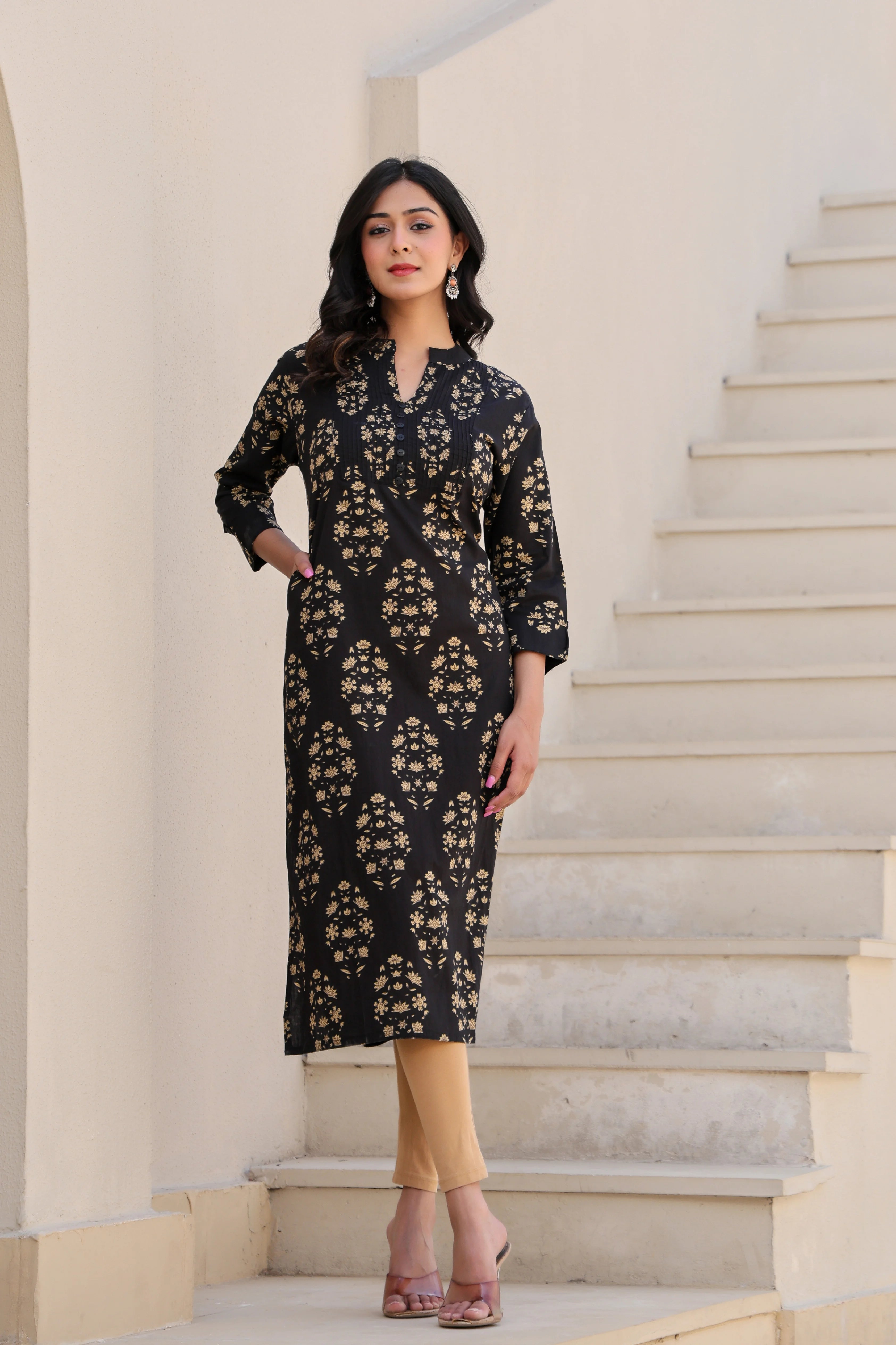 Black Printed Straight Kurti With Printex Work