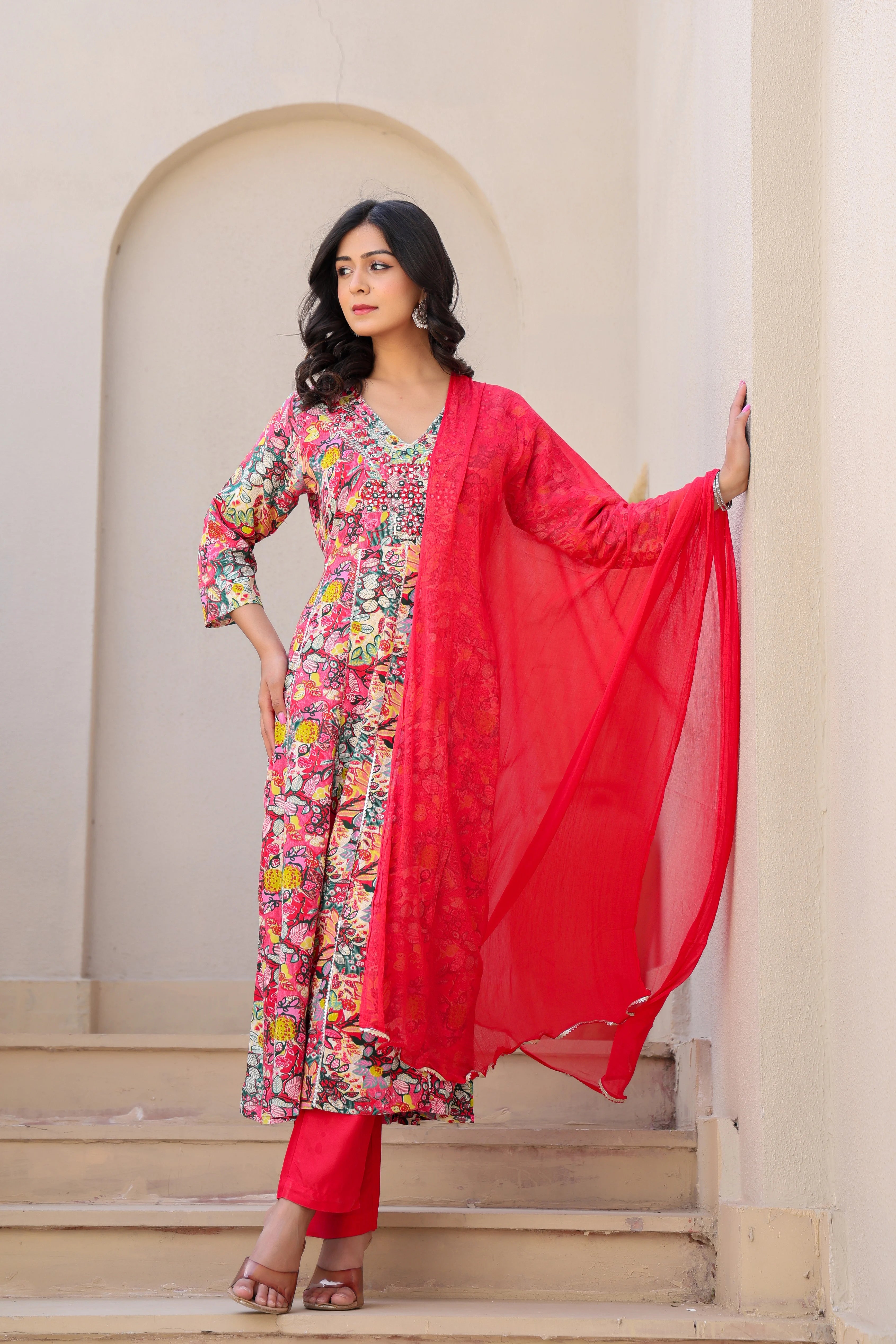 Multicolour Heavy Embroided Kurta Set with Dupatta
