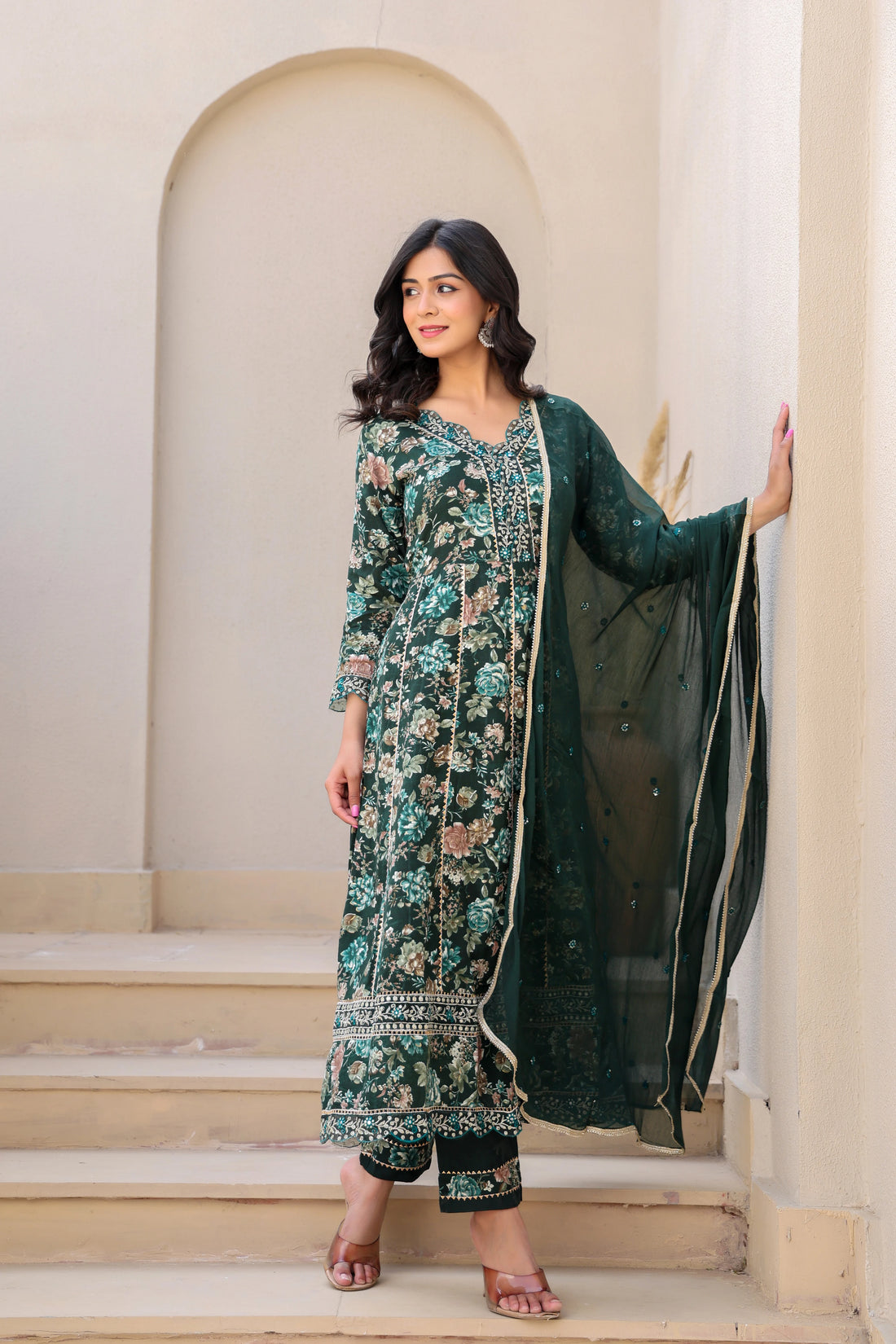 Dark Green Heavy Embroidery Floral Kurta Set with Dupatta