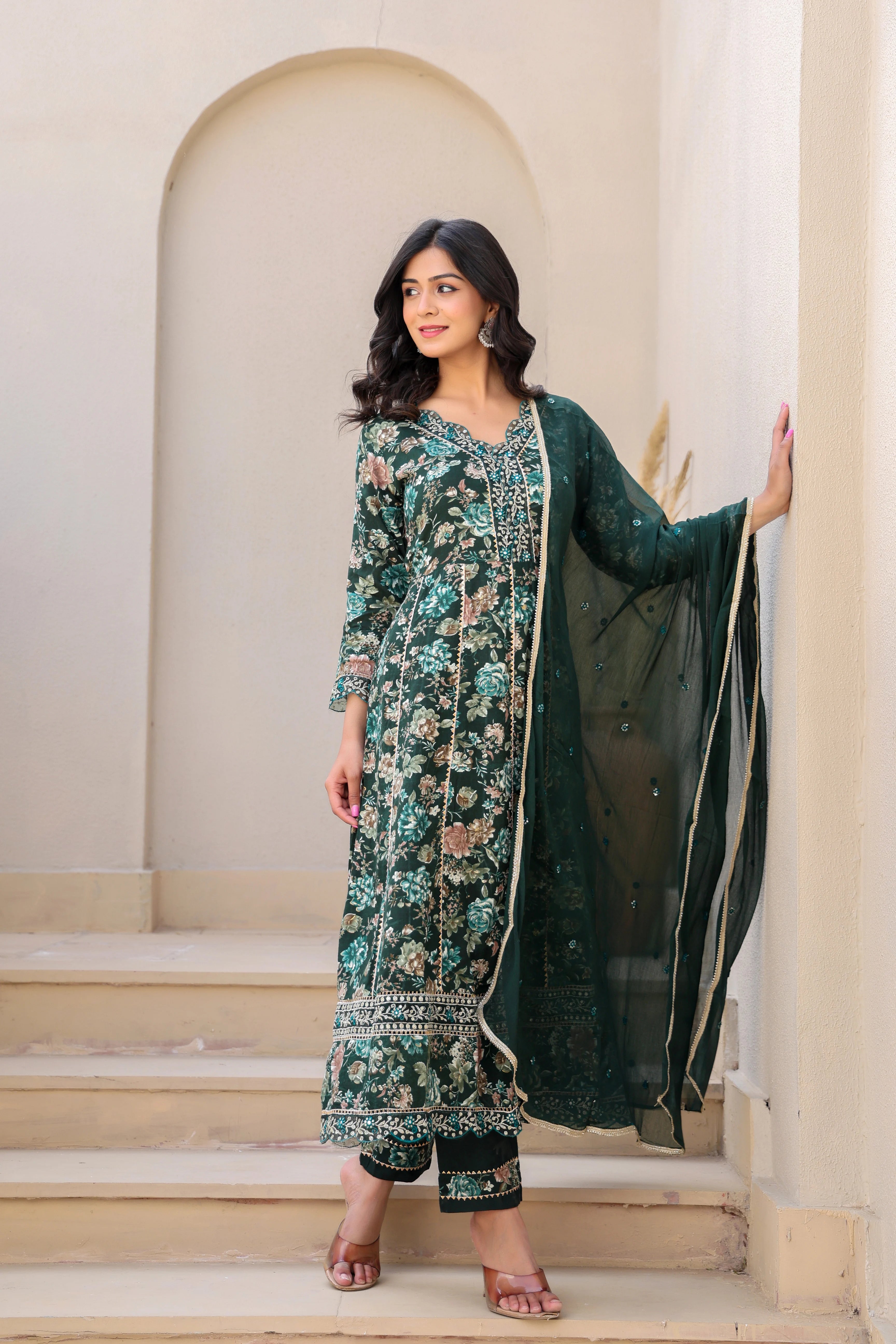 Dark Green Heavy Embroidery Floral Kurta Set with Dupatta