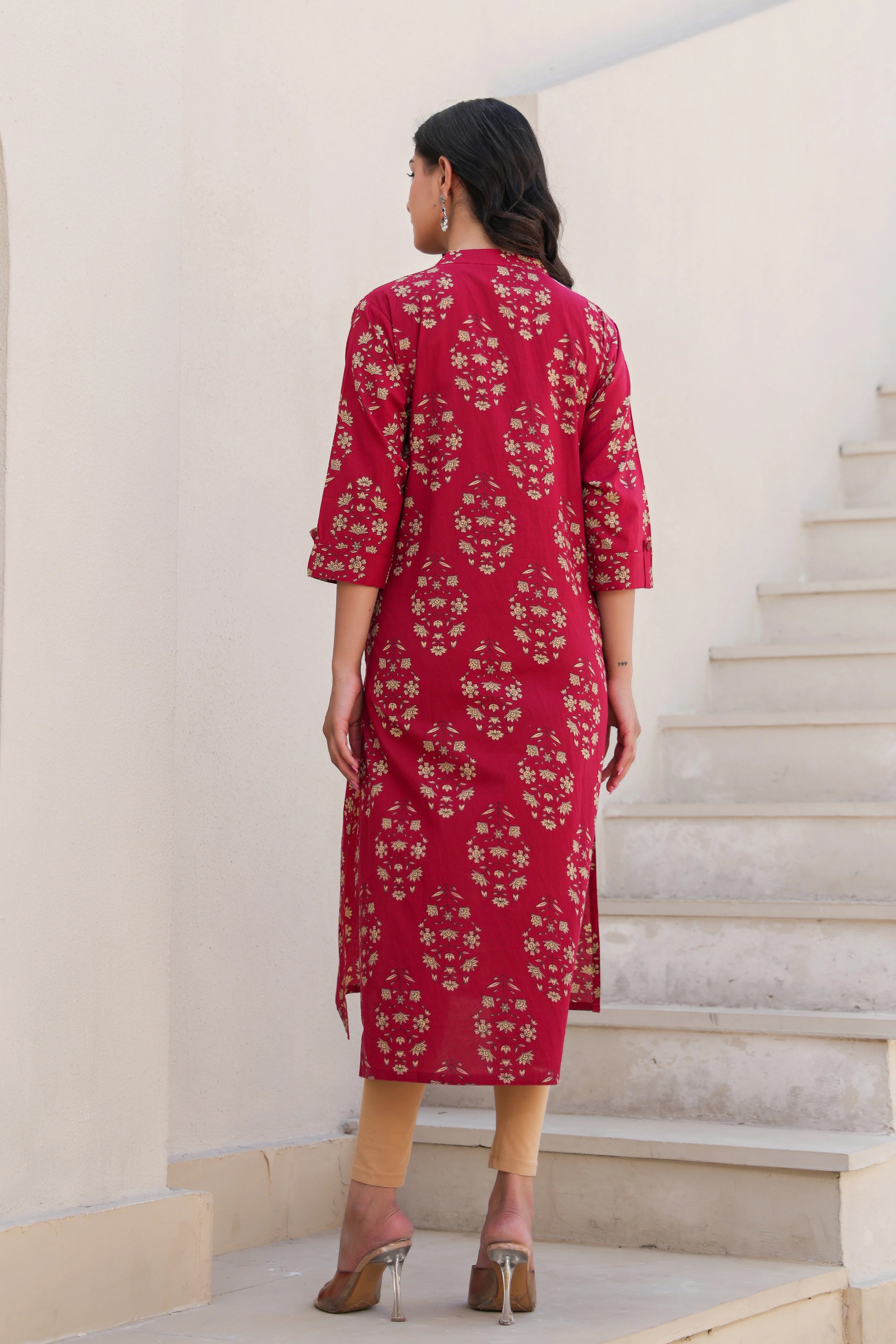 Red Printed Straight Kurti With Printex Work