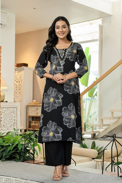 Black Floral Kurta Set