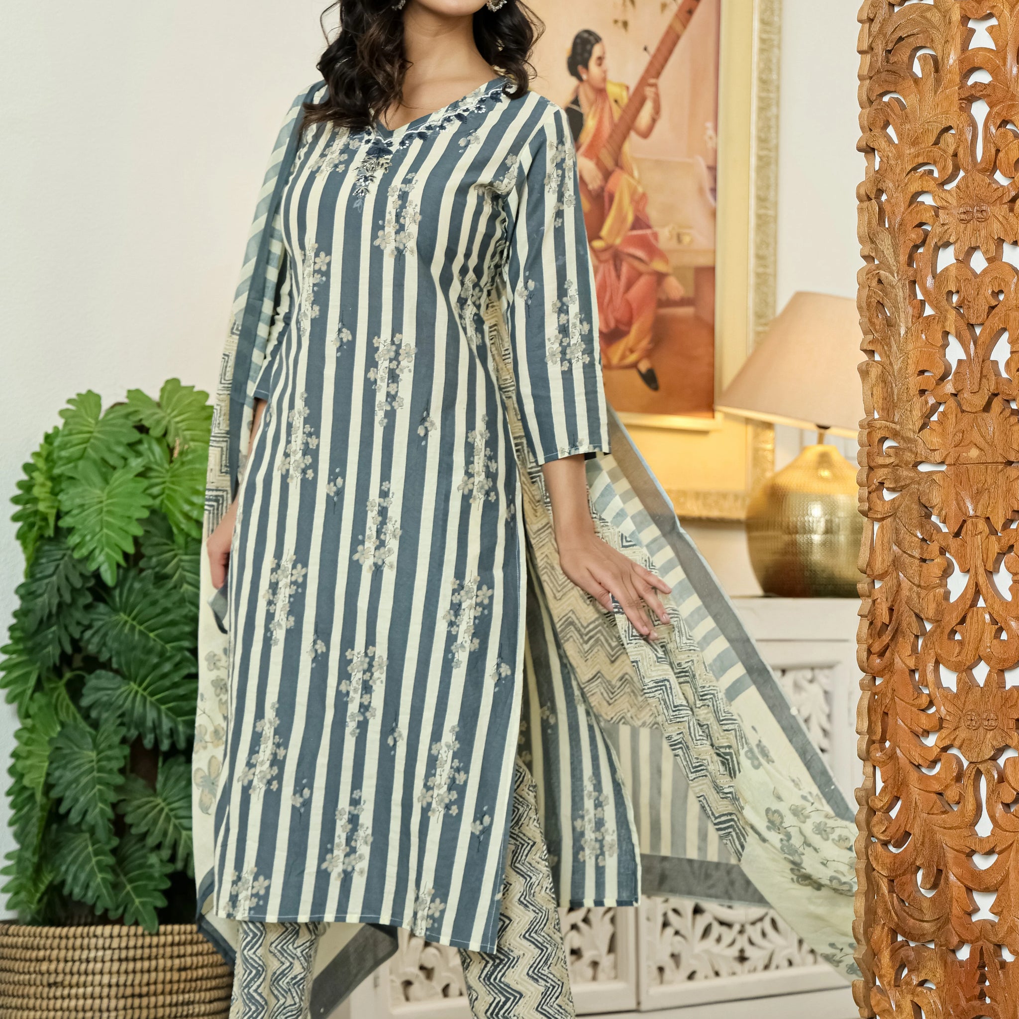 Grey Straight Cotton Kurta Pant Dupatta Set