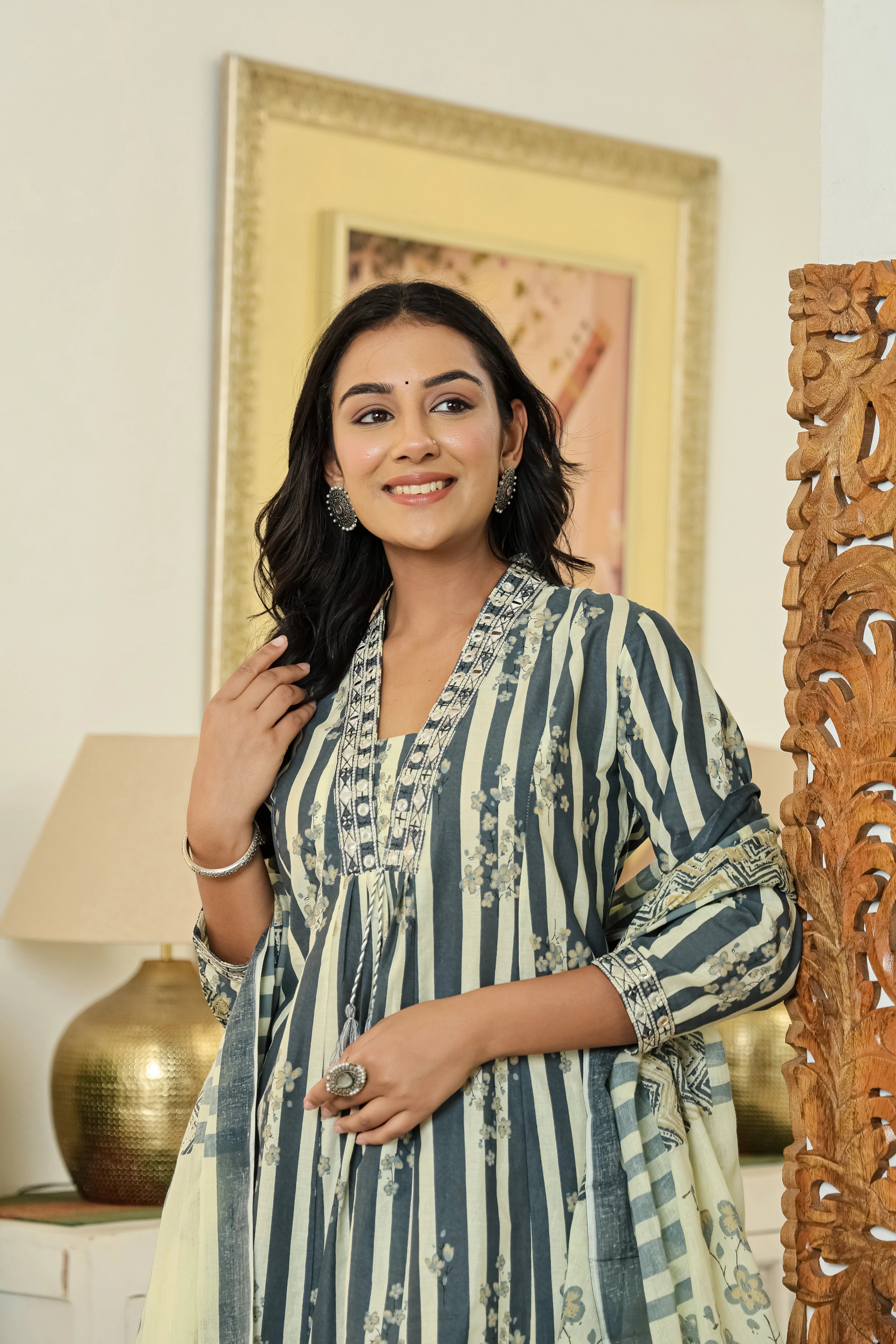 Grey Printed Cotton A-Line Kurta Pant Dupatta Set