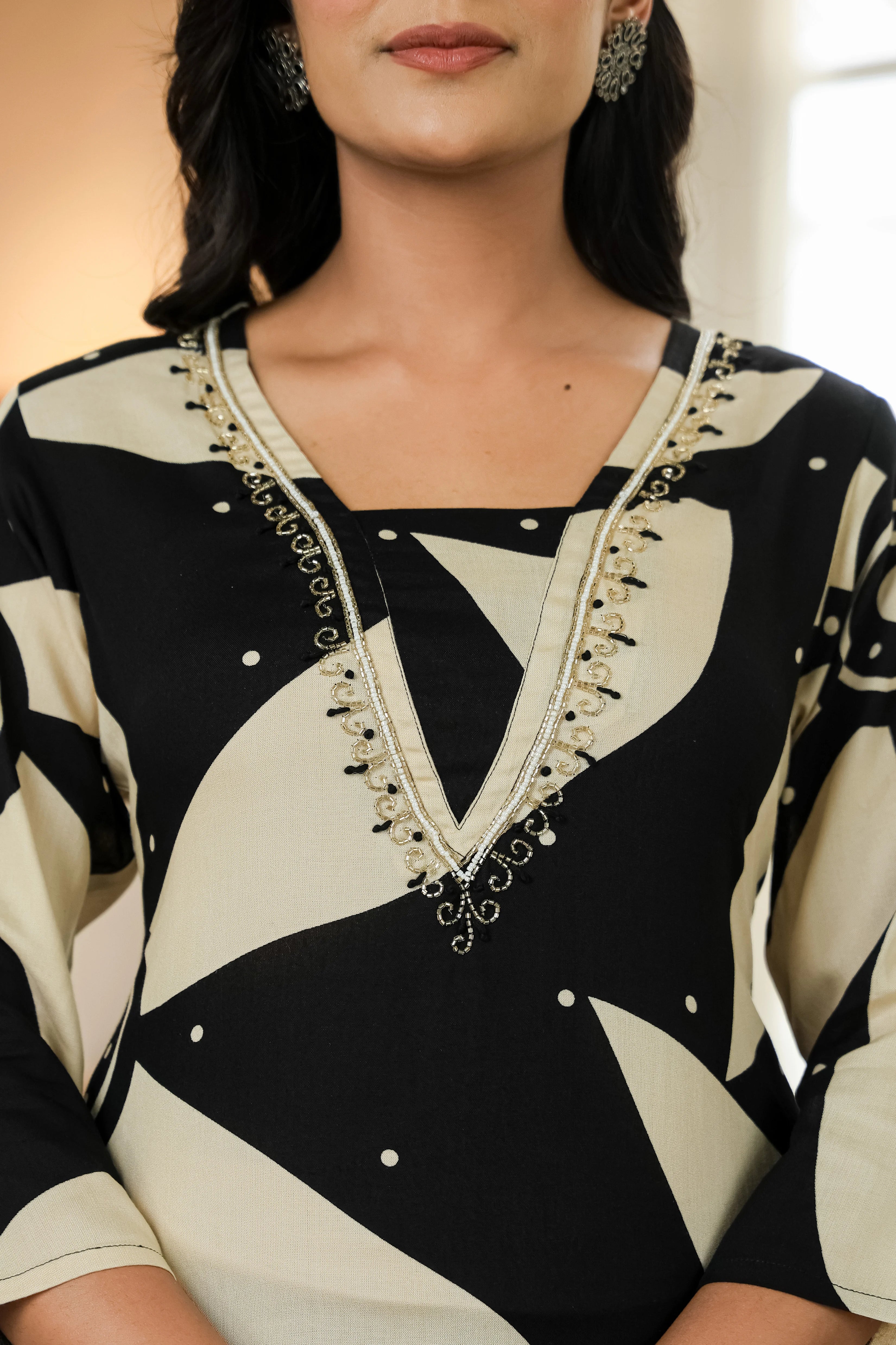 Black & Beige Abstract Print Kurta Set