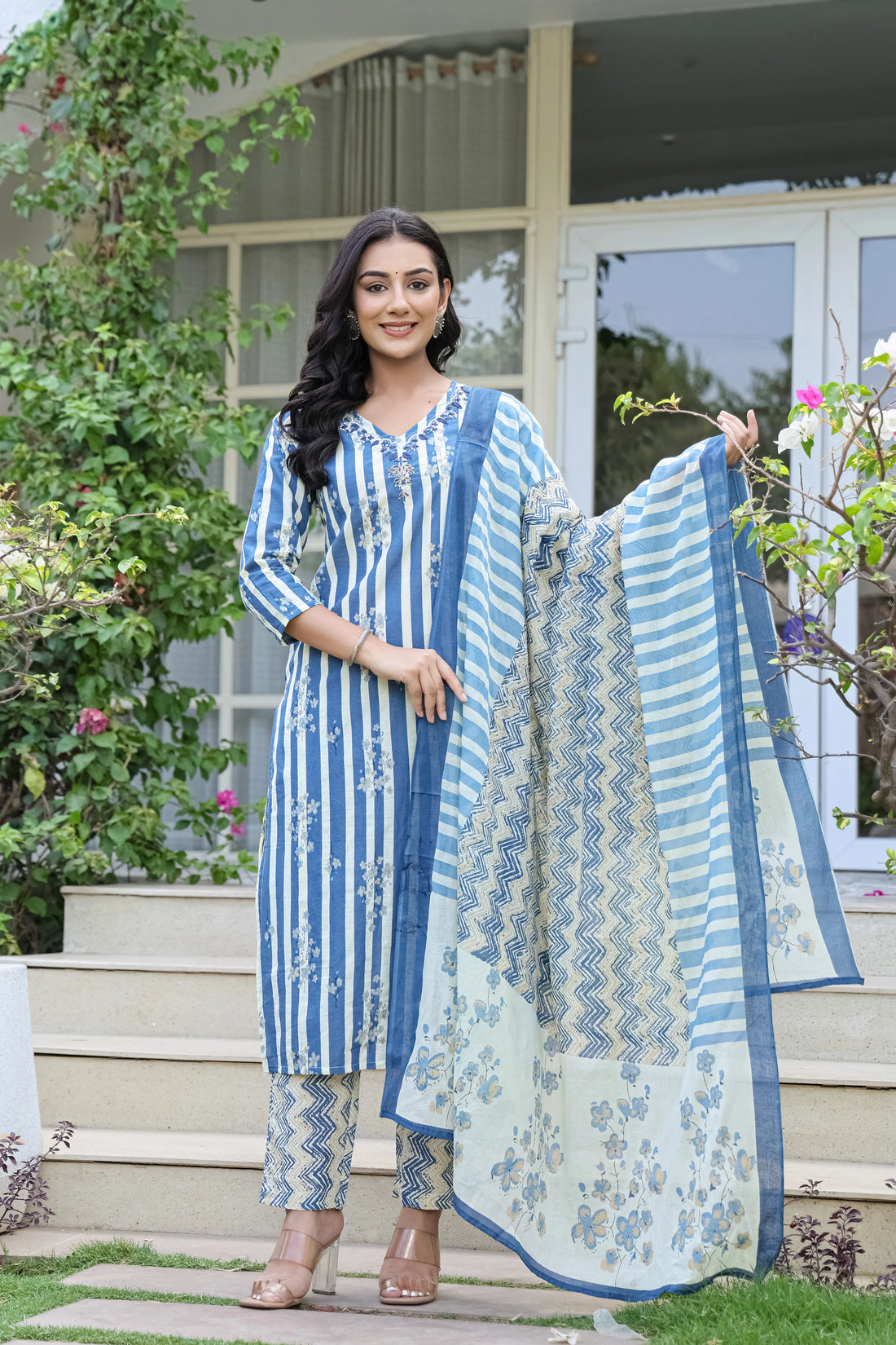 Blue Strip Printed Cotton 3-Piece Set