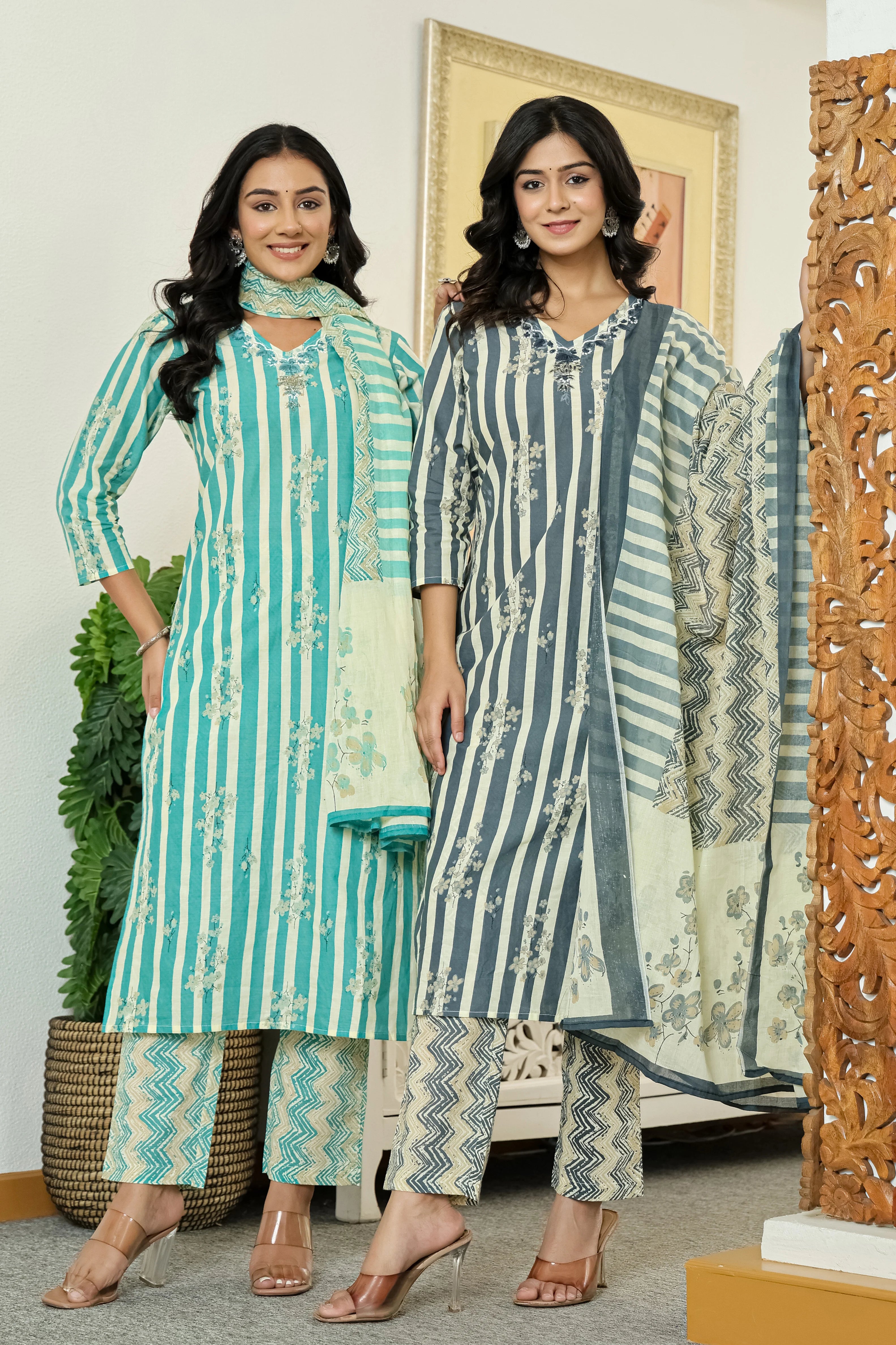 Turquoise Straight Cotton Kurta Pant Dupatta Set