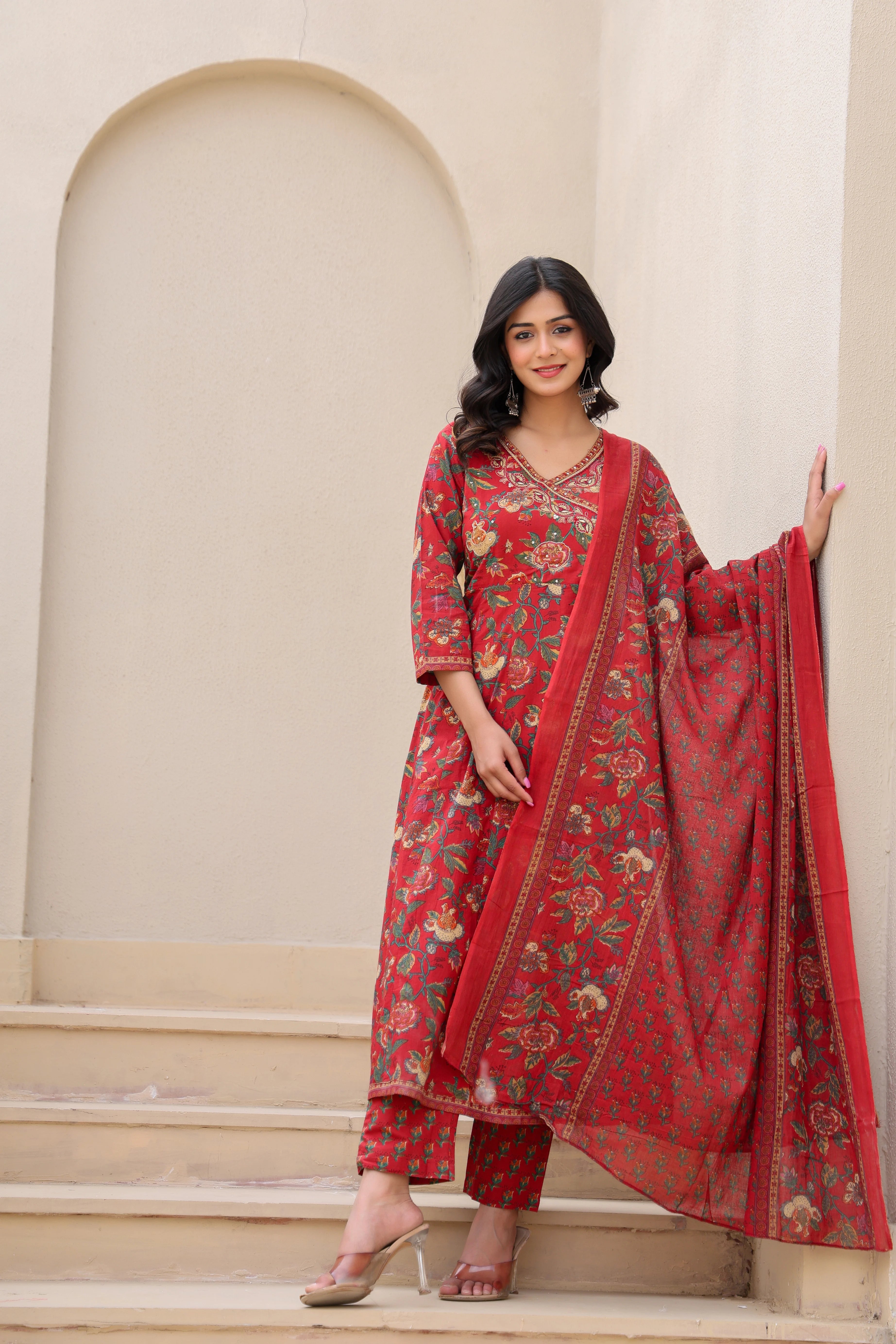 Gulnaar Rust Anarkali Set with Dupatta