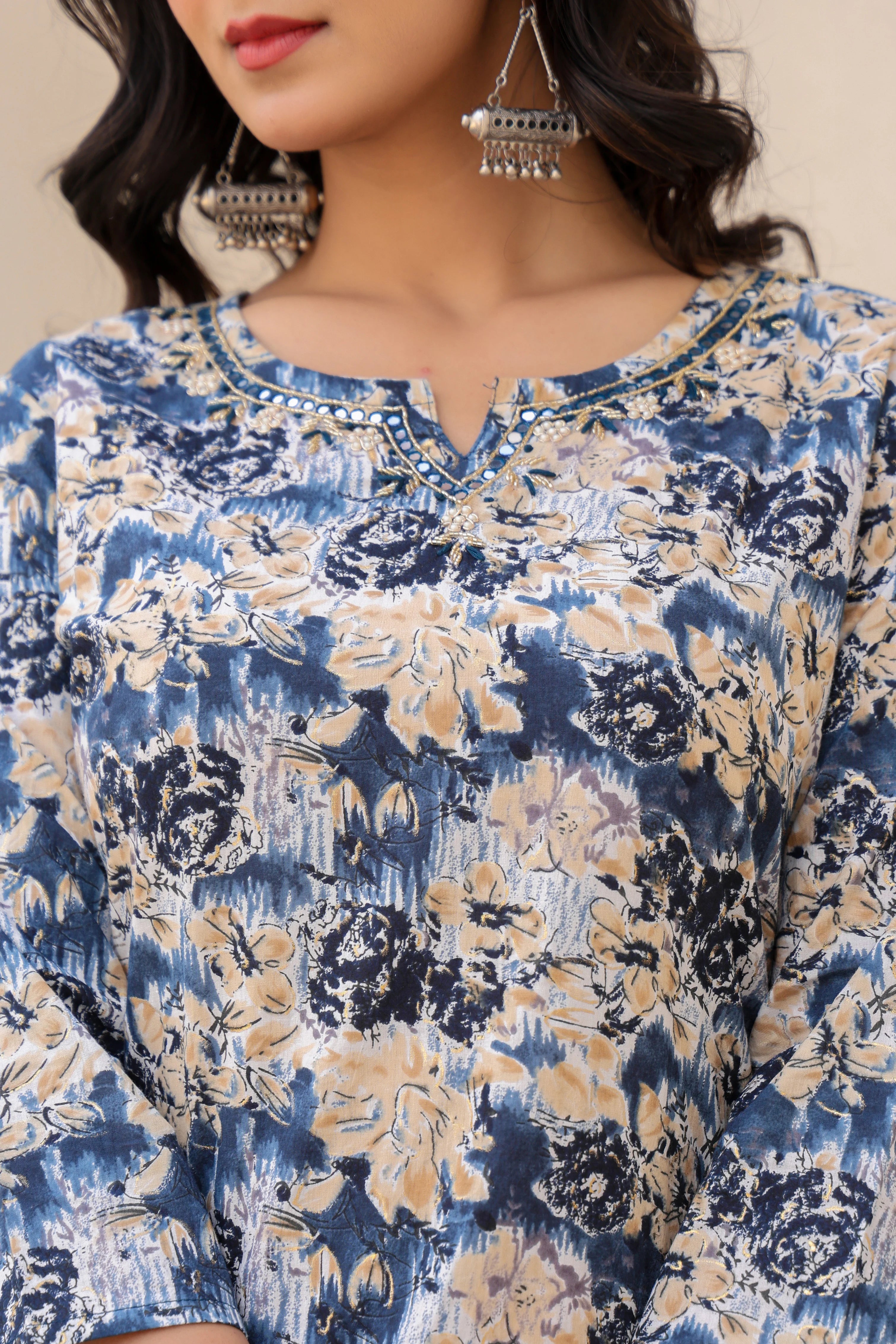Blue Blossom Serenity– Floral Cotton Suit Set