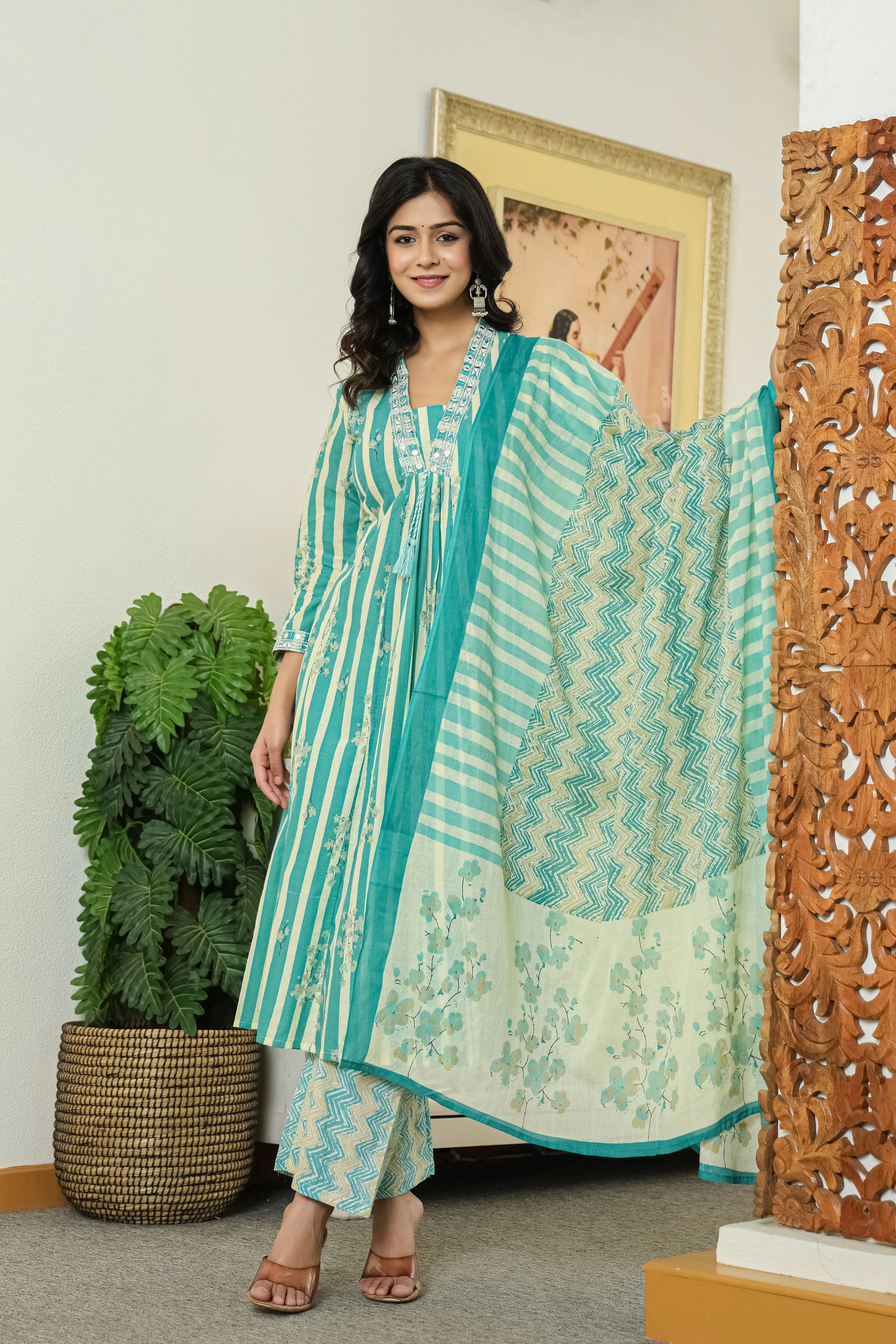 Sea Green Printed Cotton A-Line Kurta Pant Dupatta Set