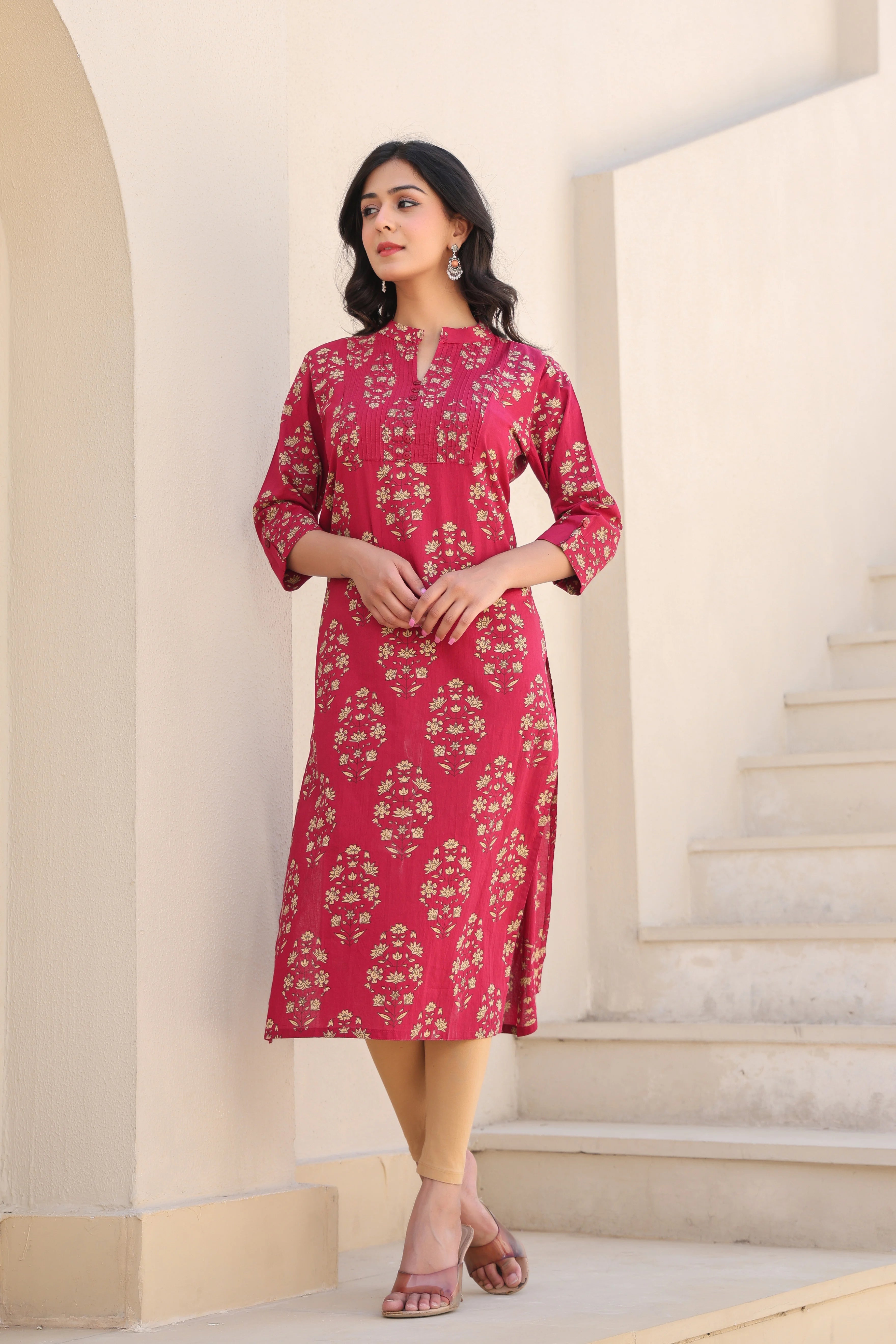 Red Printed Straight Kurti With Printex Work