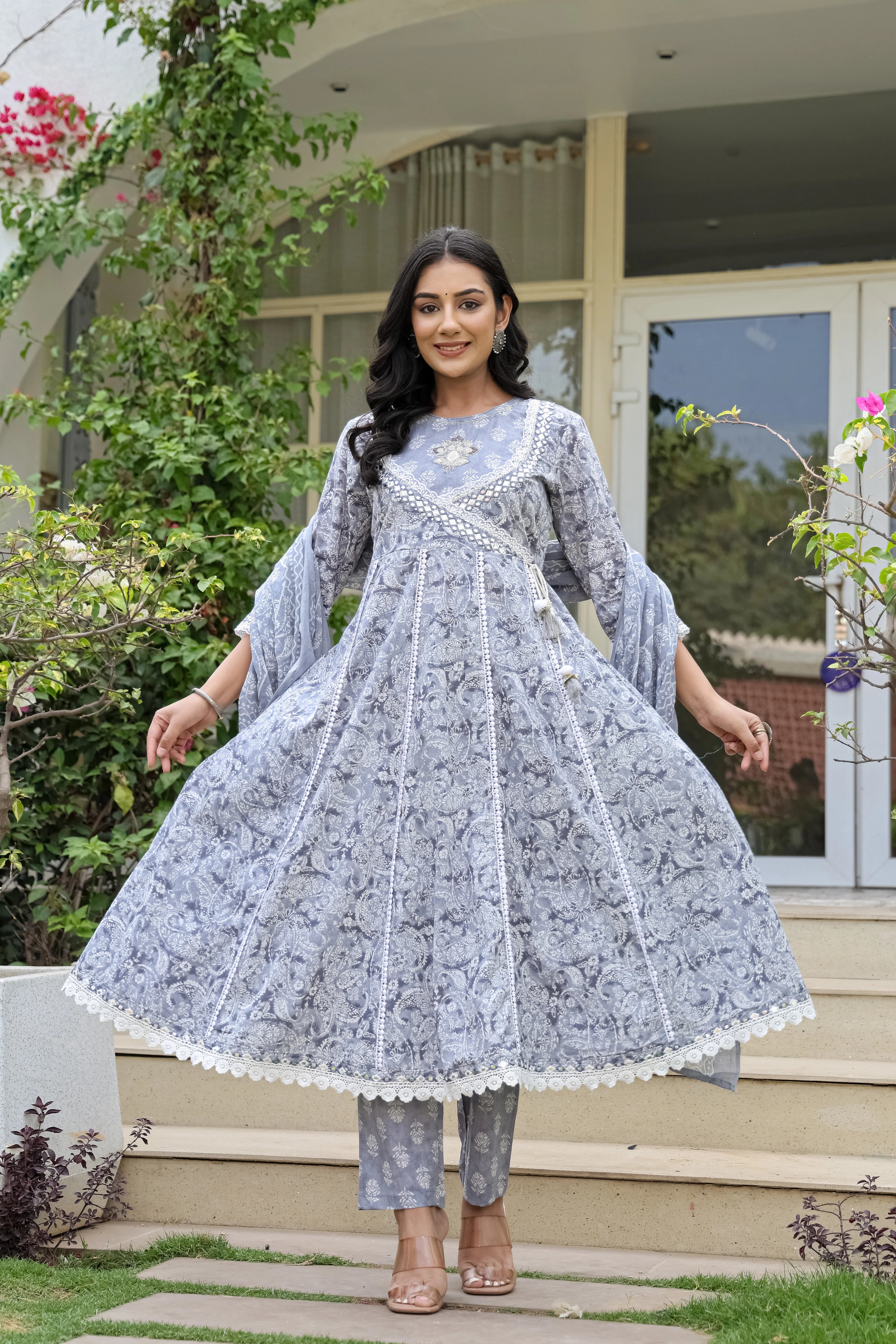 Beautiful Grey Heavy Embroidery Cotton Anarkali Suit Set
