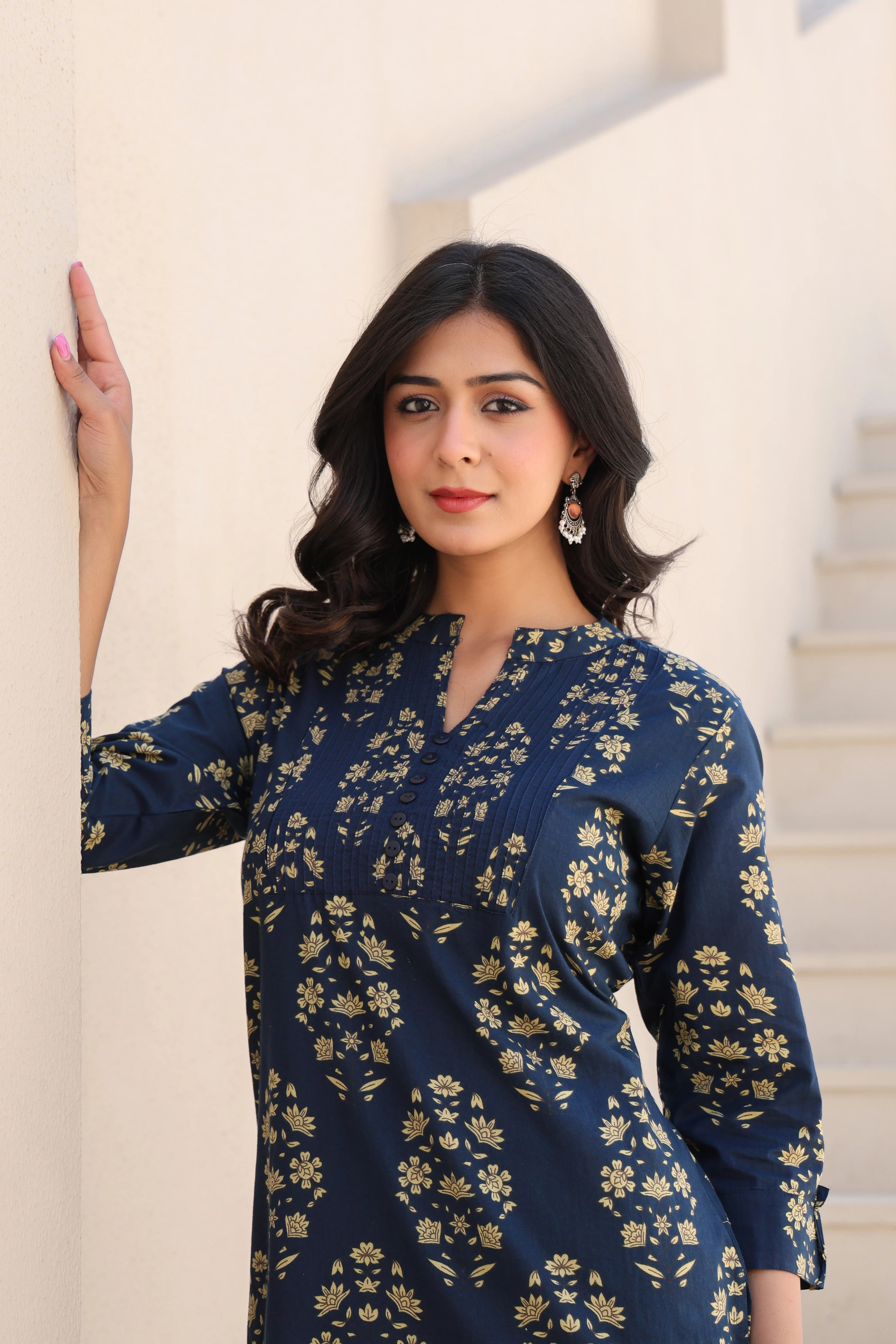 Blue Printed Straight Kurti With Printex Work