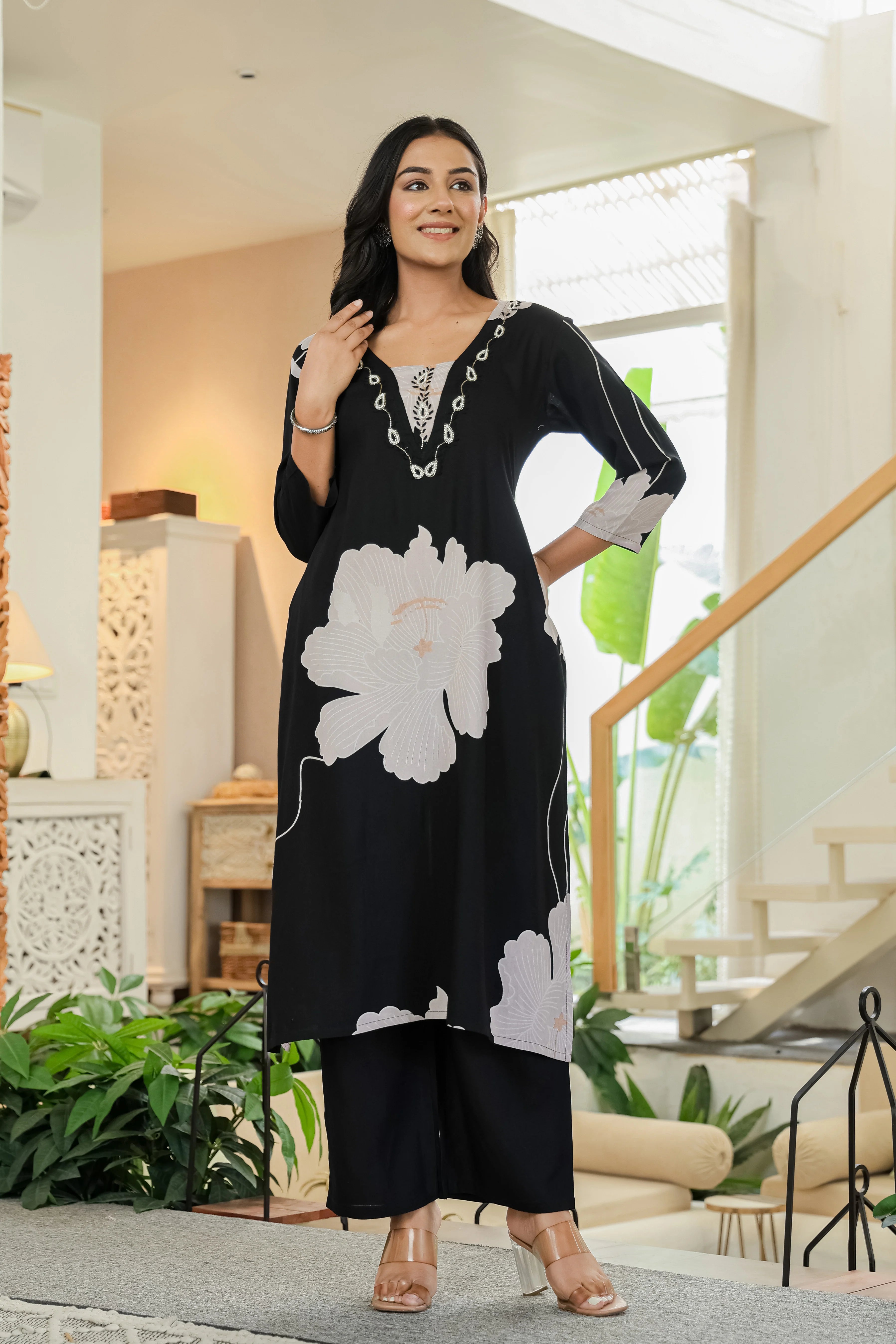 Black & White Floral Kurta Set