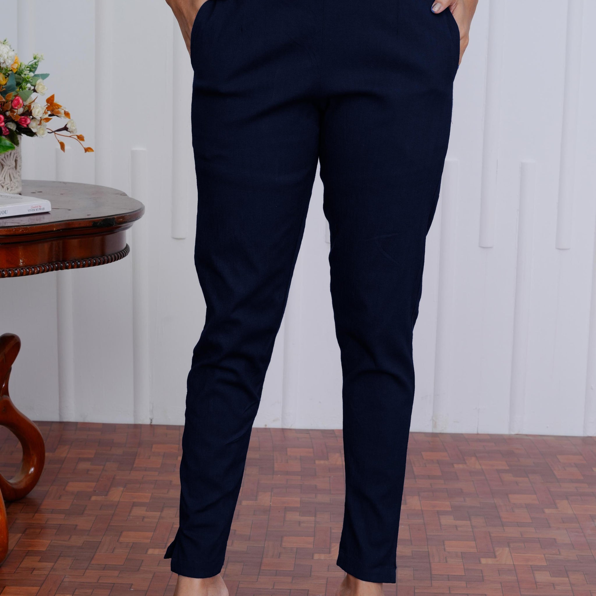 Women’s Navy Blue Slim Fit Pants | Comfortable Office Wear & Casual Trousers