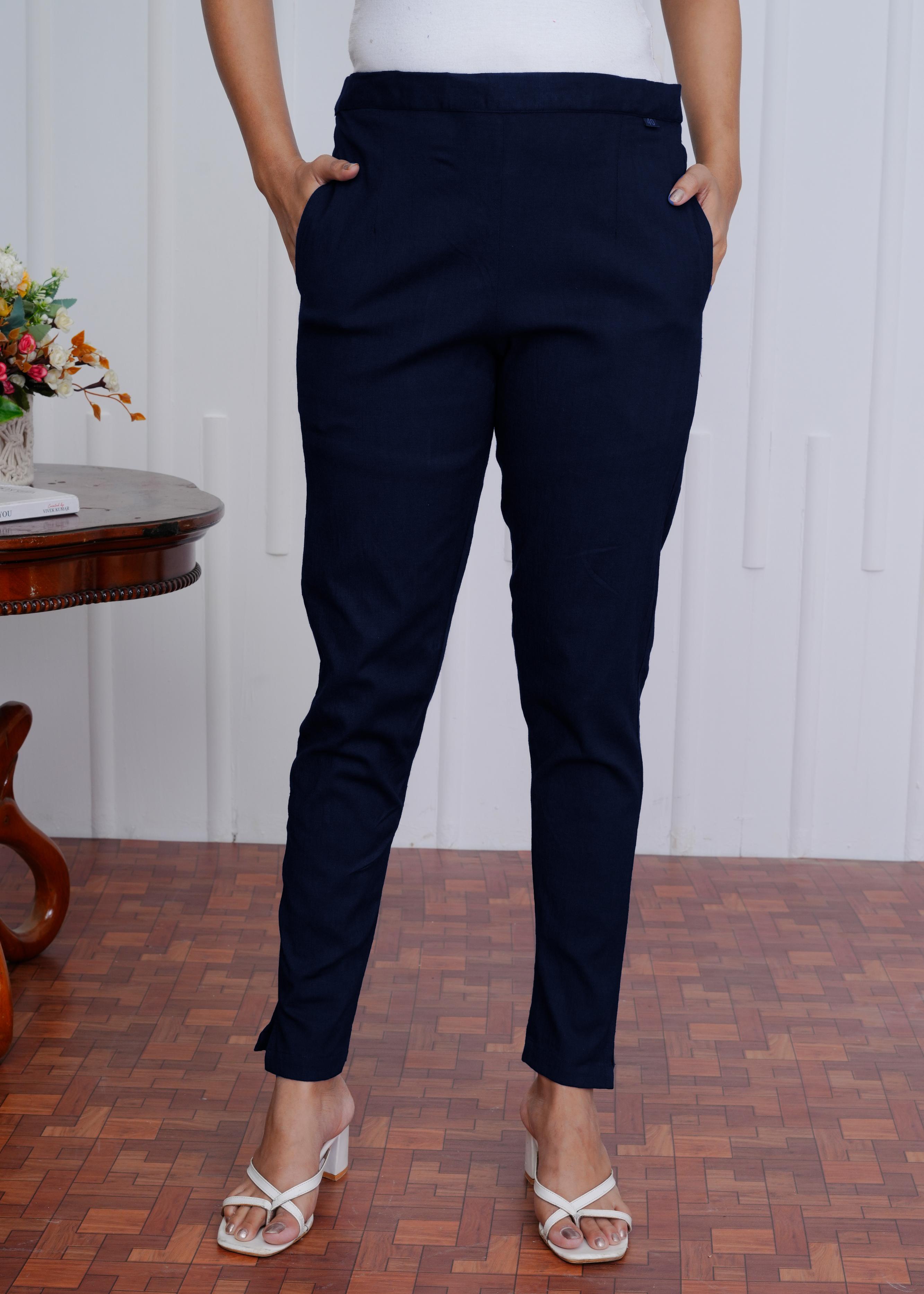 Women’s Navy Blue Slim Fit Pants | Comfortable Office Wear & Casual Trousers