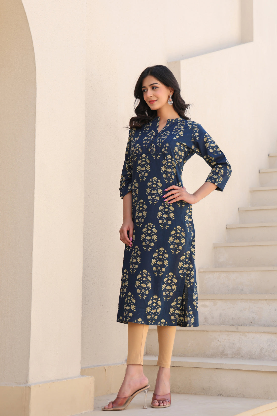 Blue Printed Straight Kurti With Printex Work