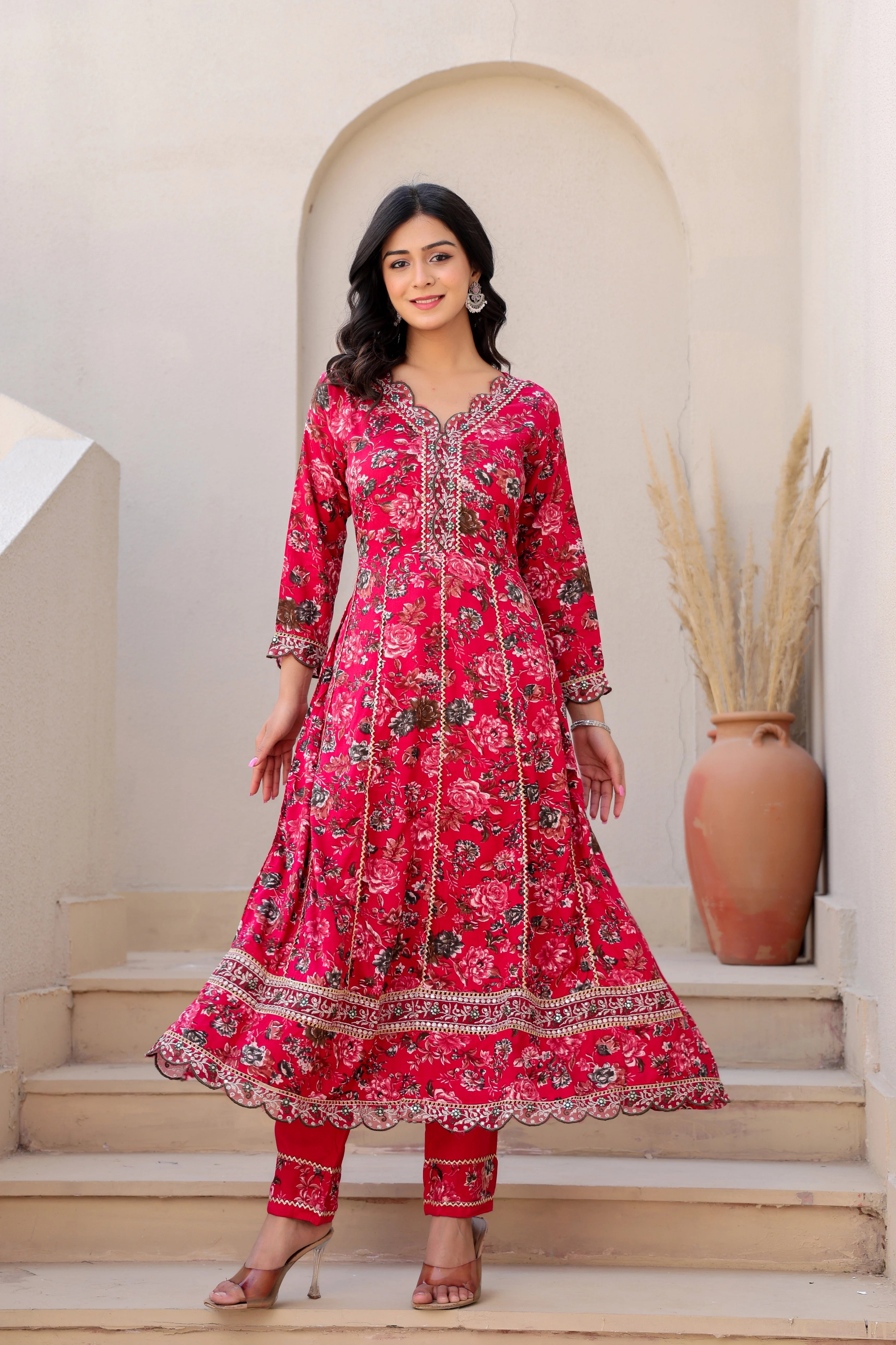 Beautiful Red Heavy Embroidery Floral Kurta Set with Dupatta