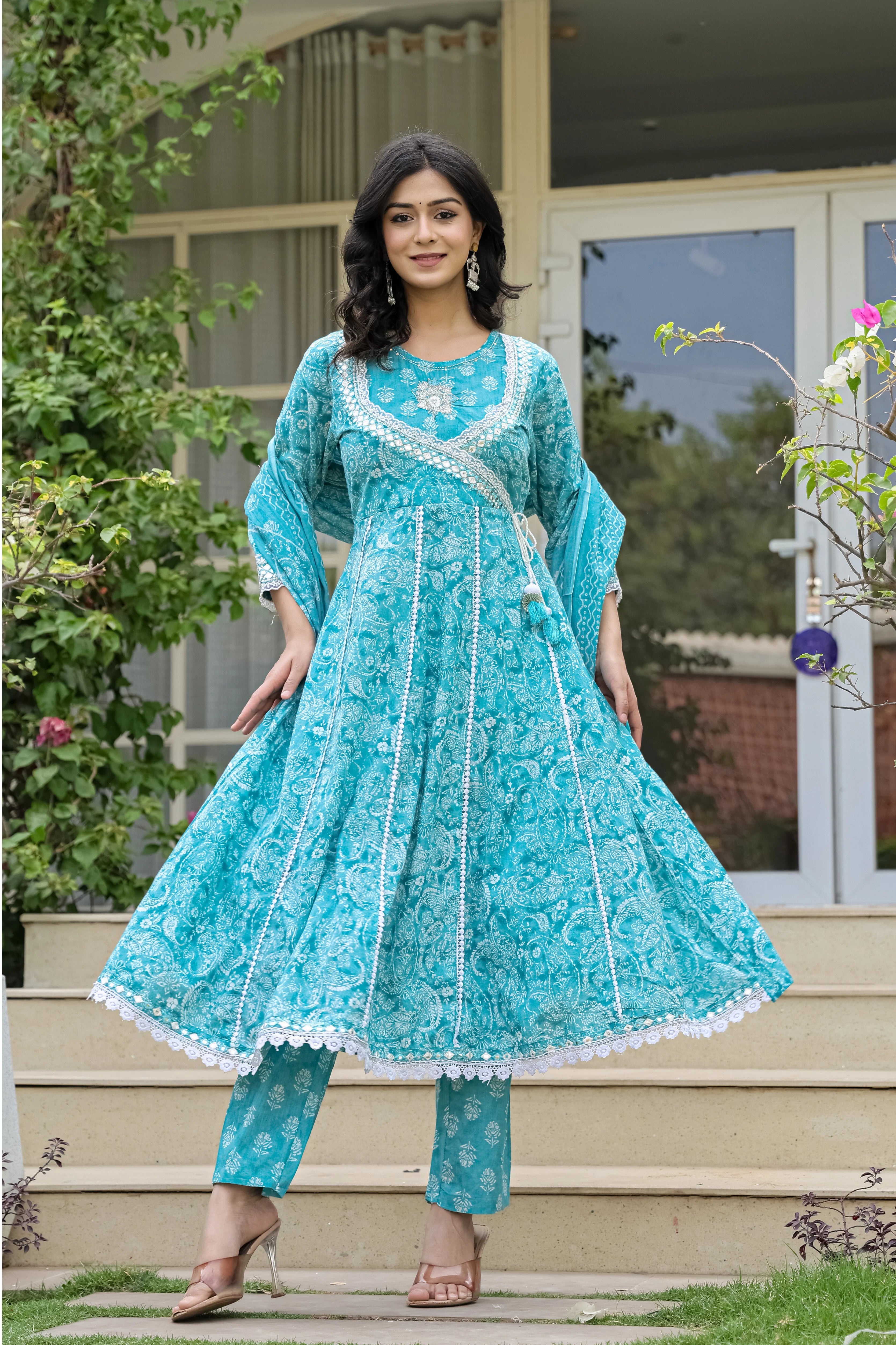 Teal Blue Heavy Embroidery Cotton Anarkali Suit Set