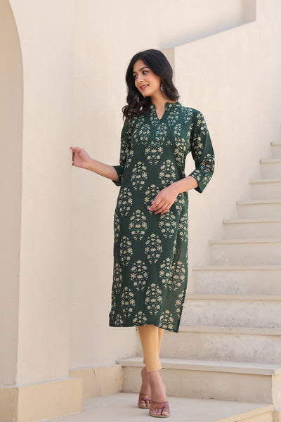 Green Printed Straight Kurti With Printex Work