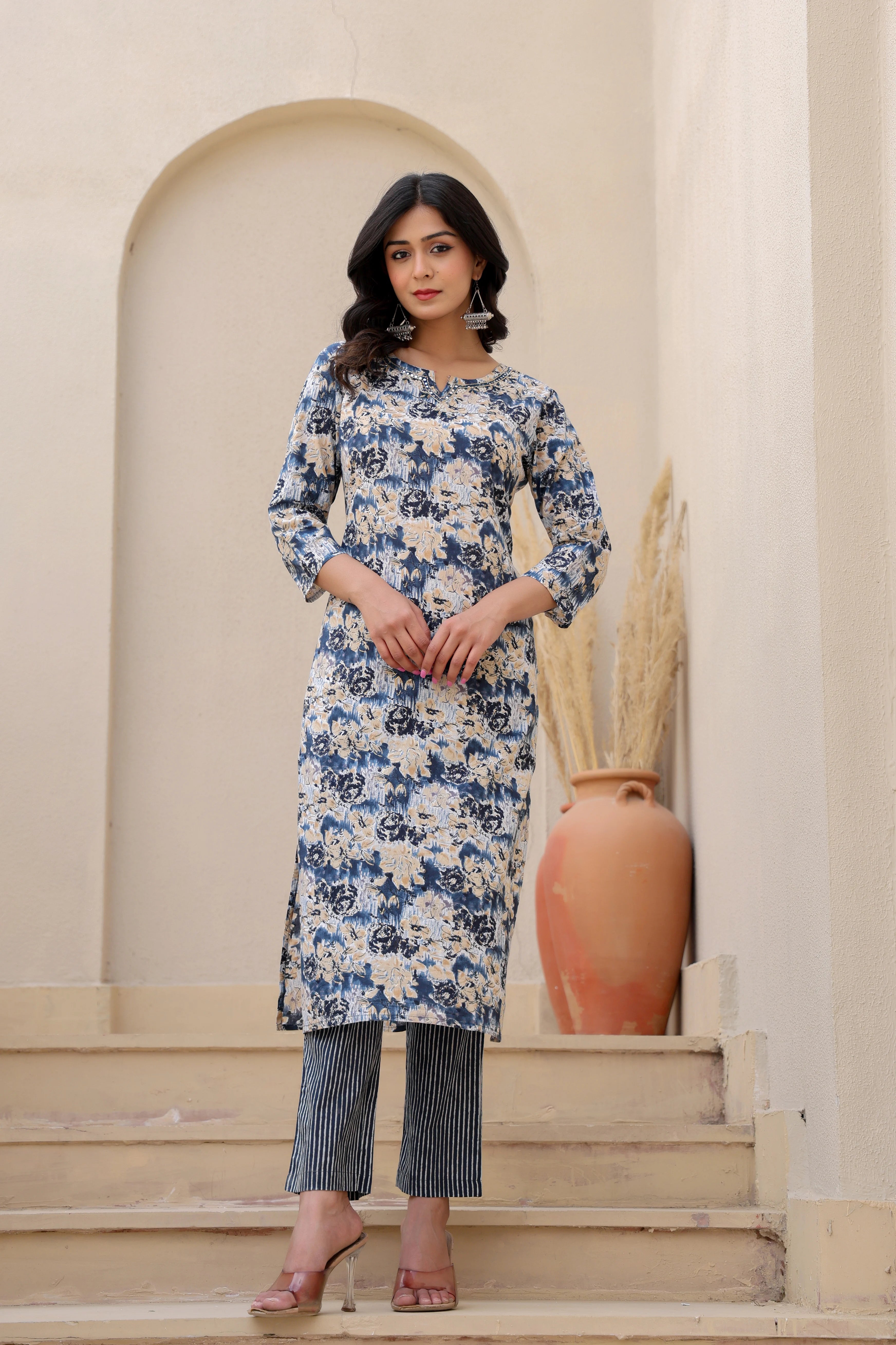 Blue Blossom Serenity– Floral Cotton Suit Set