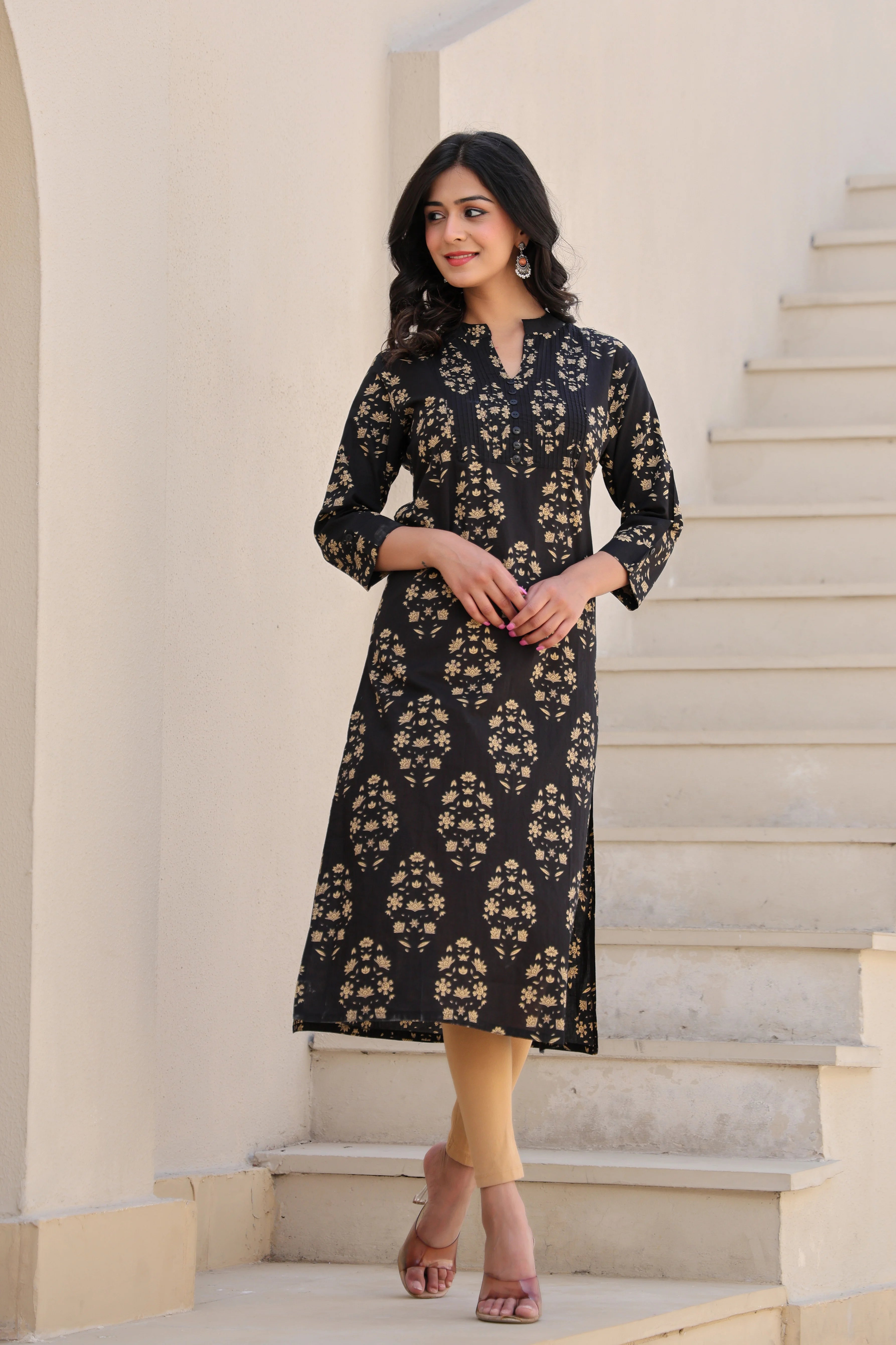 Black Printed Straight Kurti With Printex Work