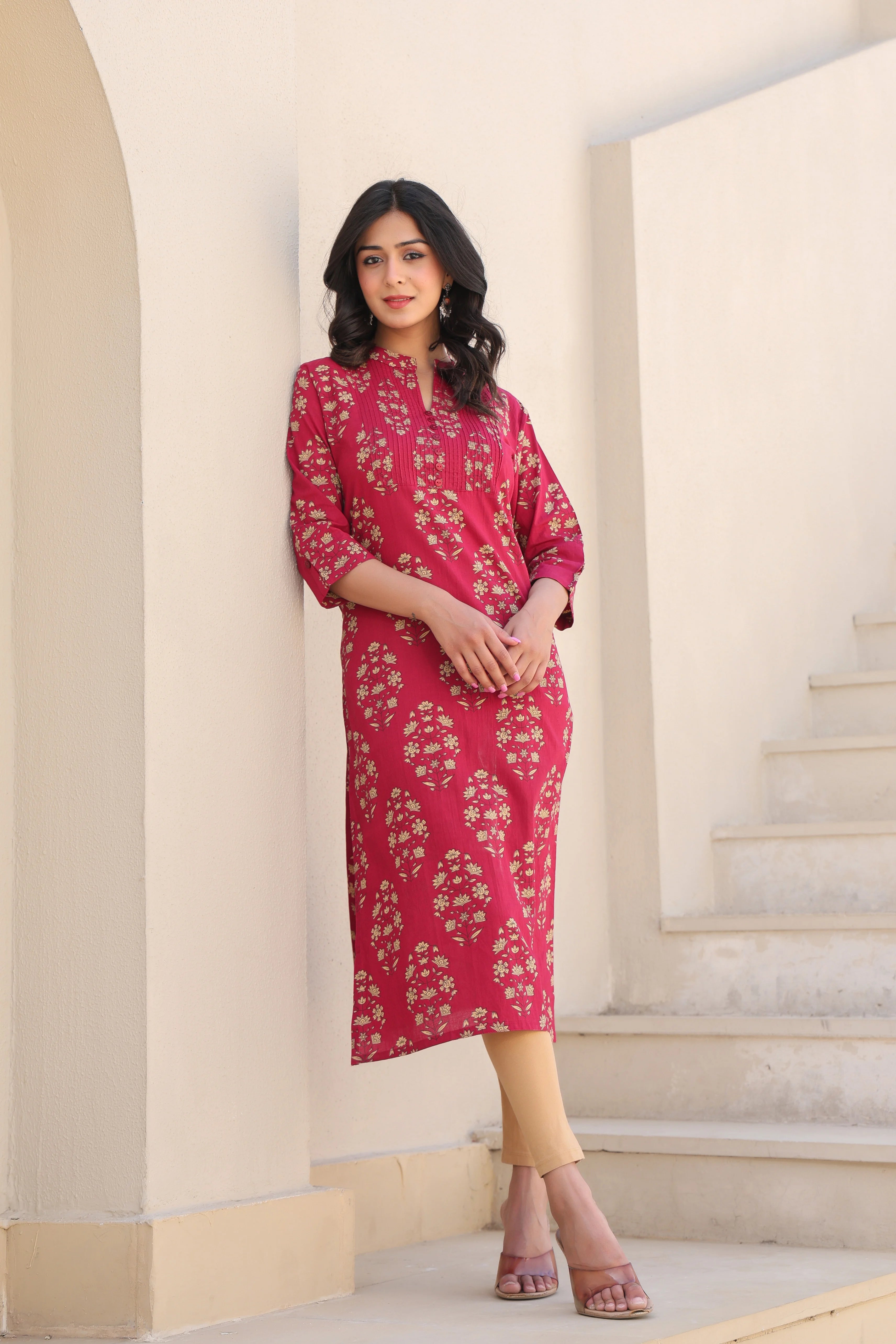 Red Printed Straight Kurti With Printex Work