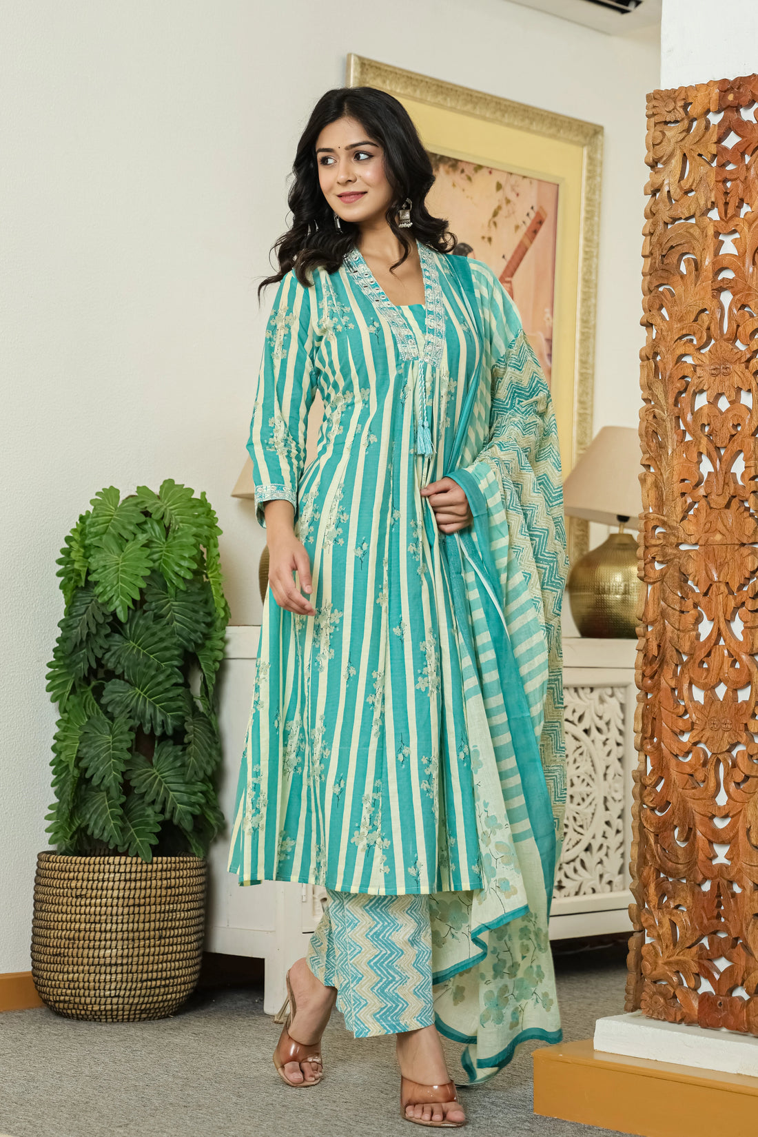 Sea Green Printed Cotton A-Line Kurta Pant Dupatta Set