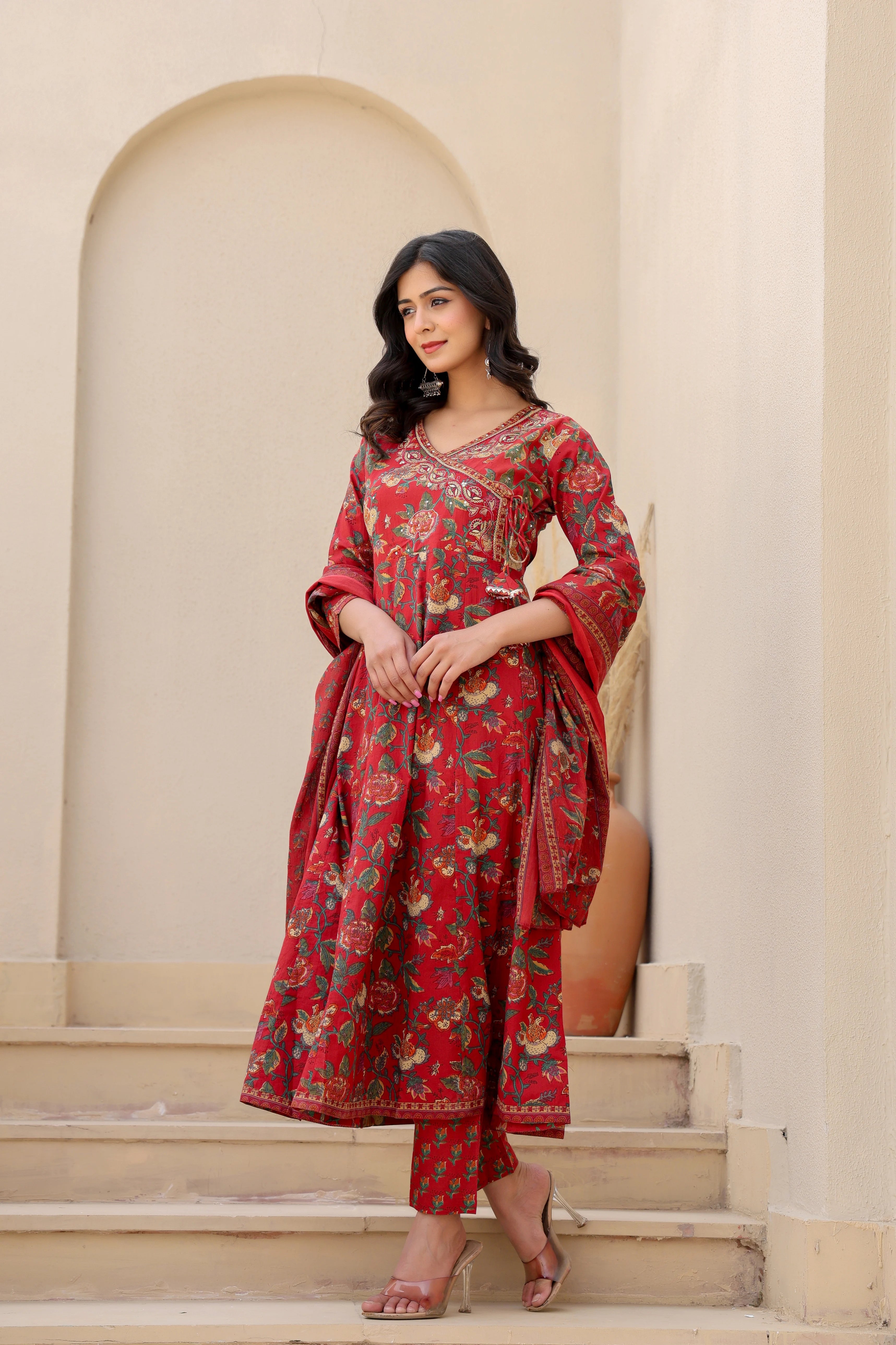 Gulnaar Rust Anarkali Set with Dupatta