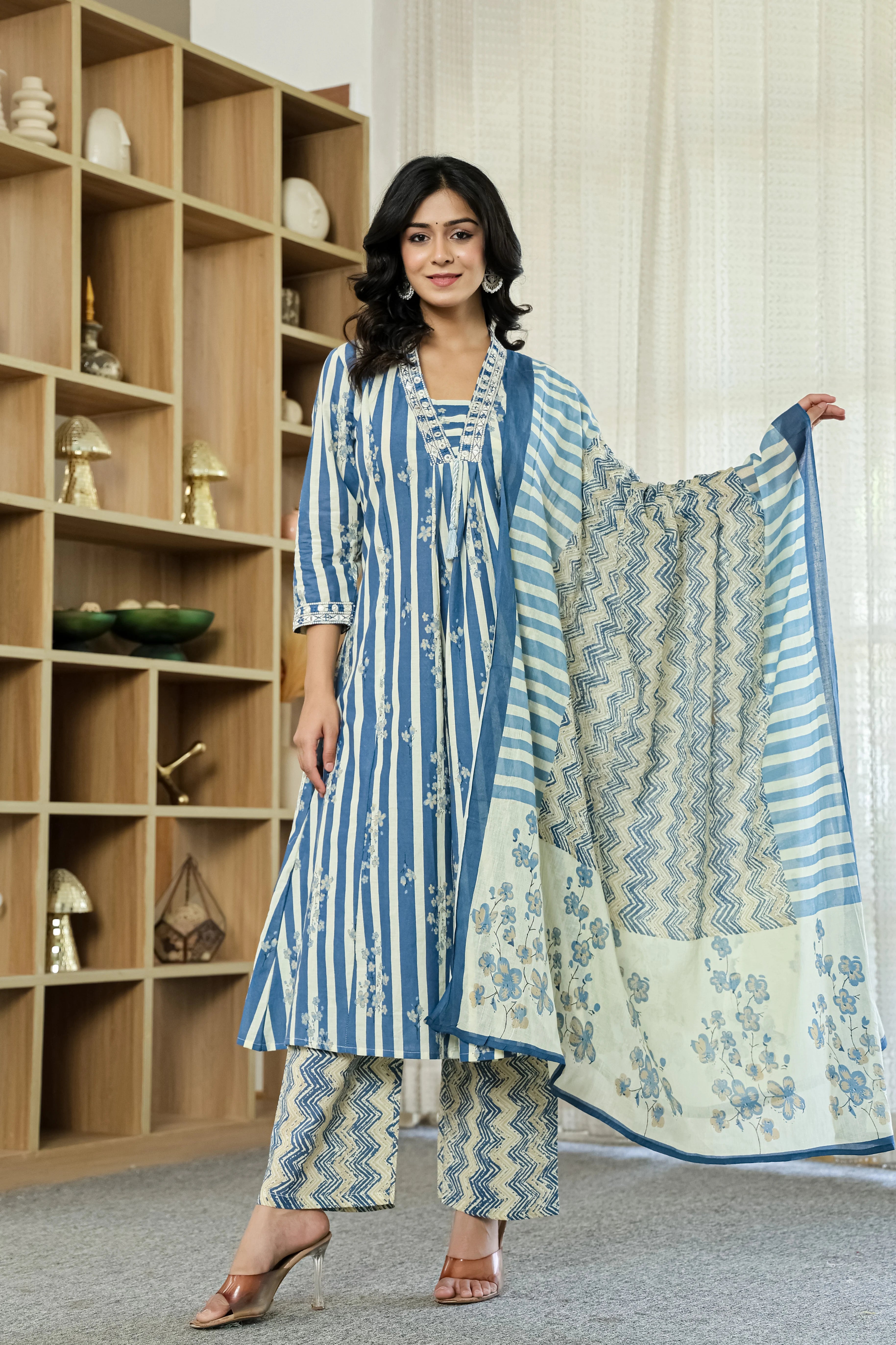 Blue Straight Cotton Kurta Pant Dupatta Set