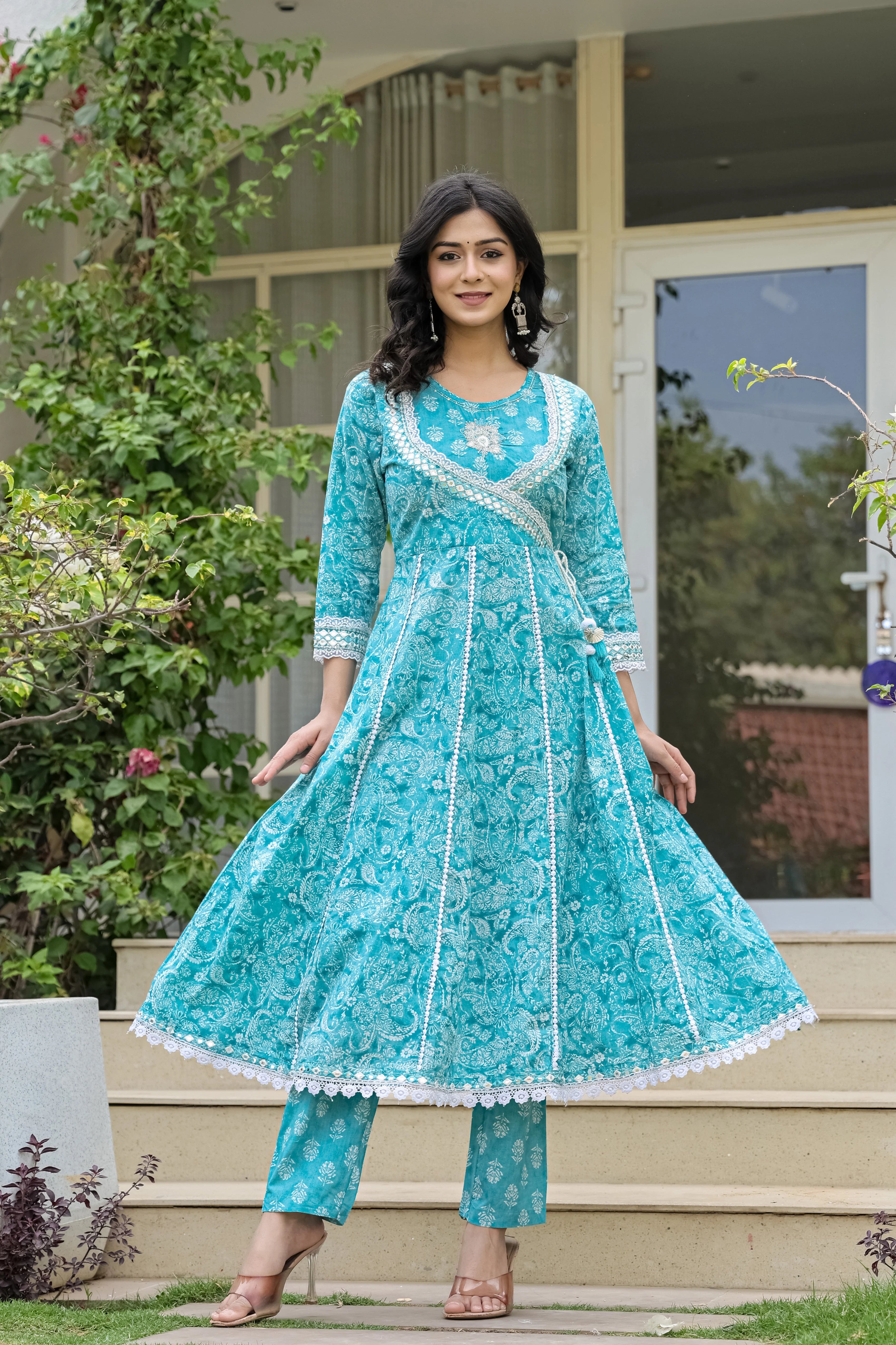 Teal Blue Heavy Embroidery Cotton Anarkali Suit Set