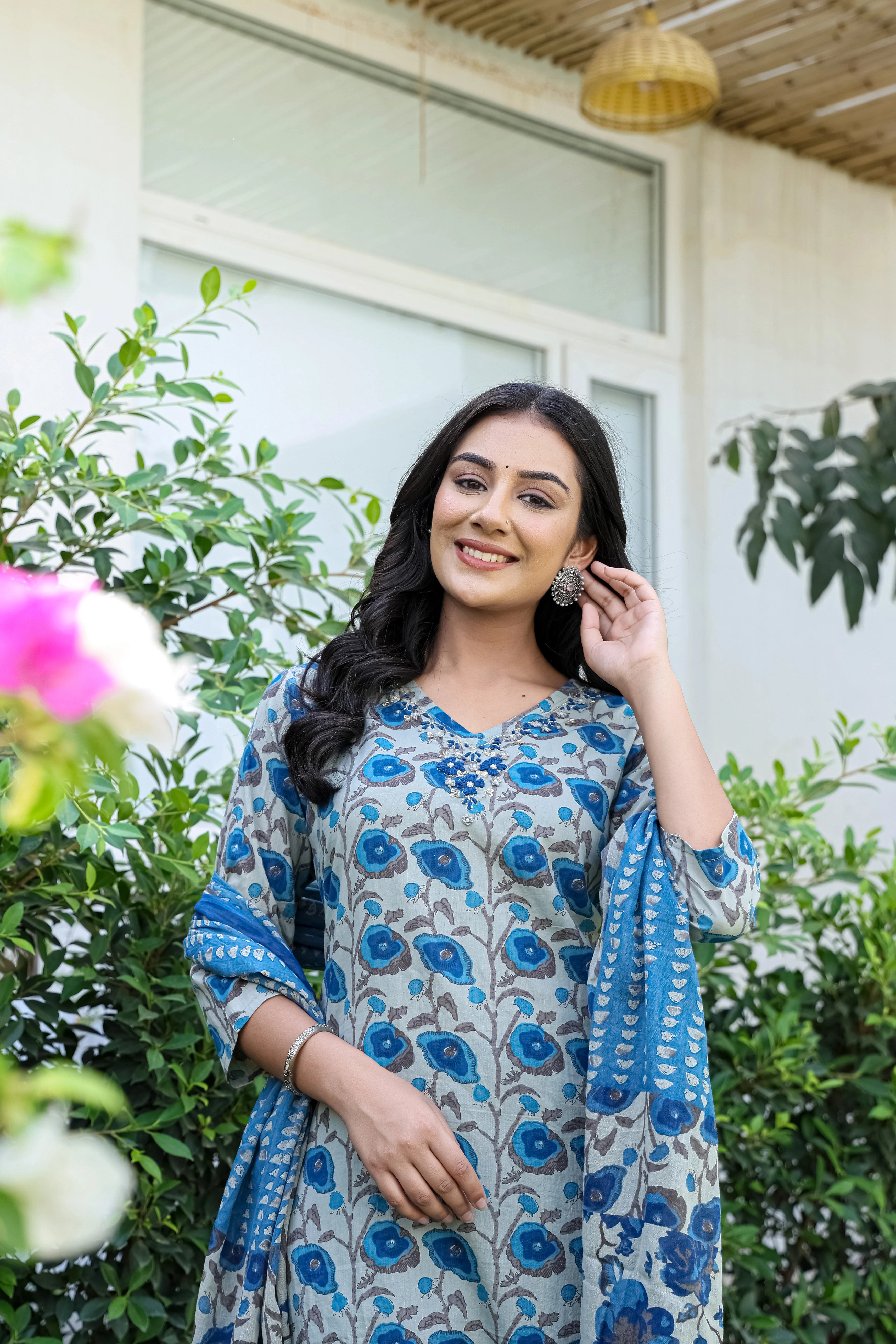 Blue Cotton 3-Piece Set with Hand Work