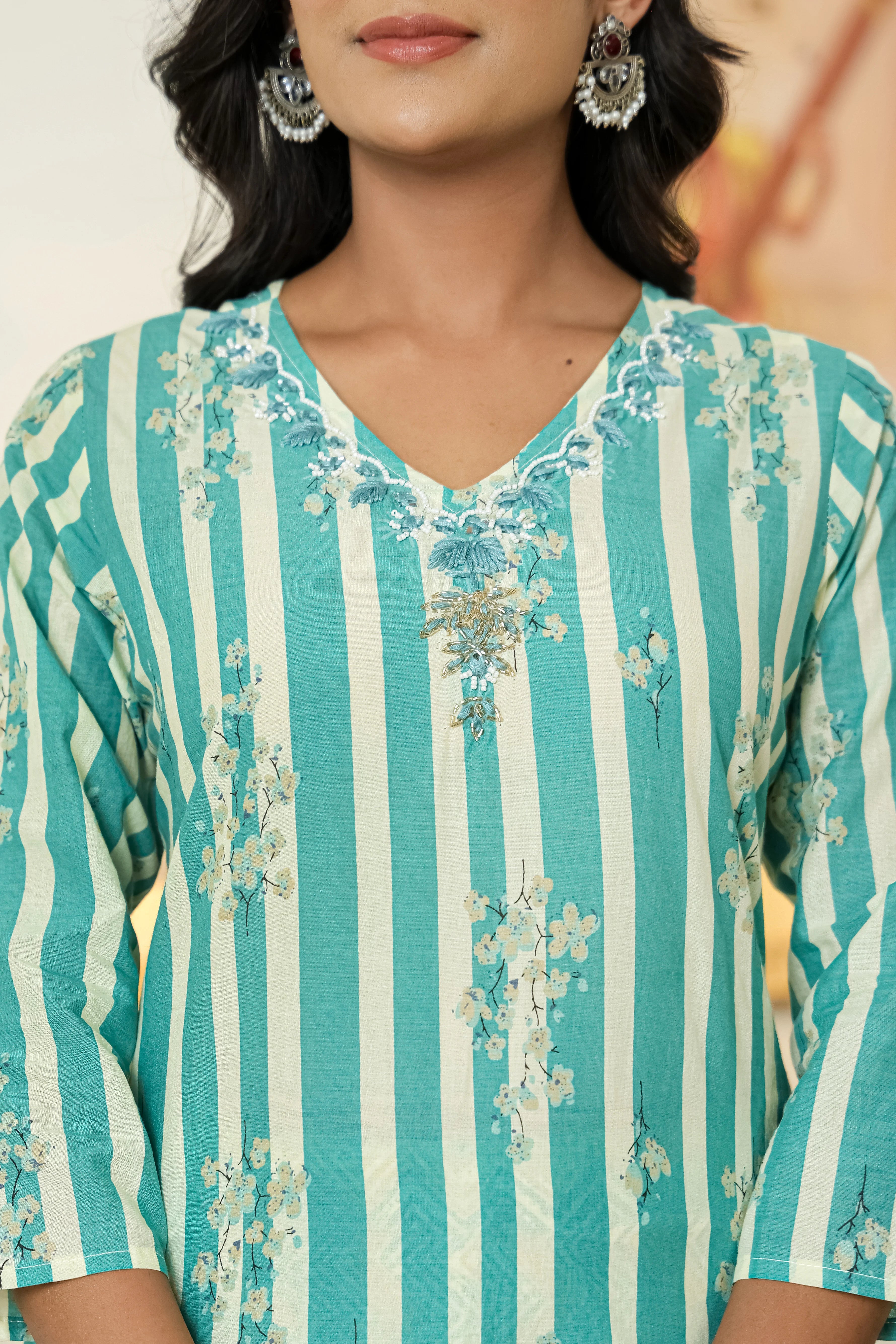 Turquoise Straight Cotton Kurta Pant Dupatta Set