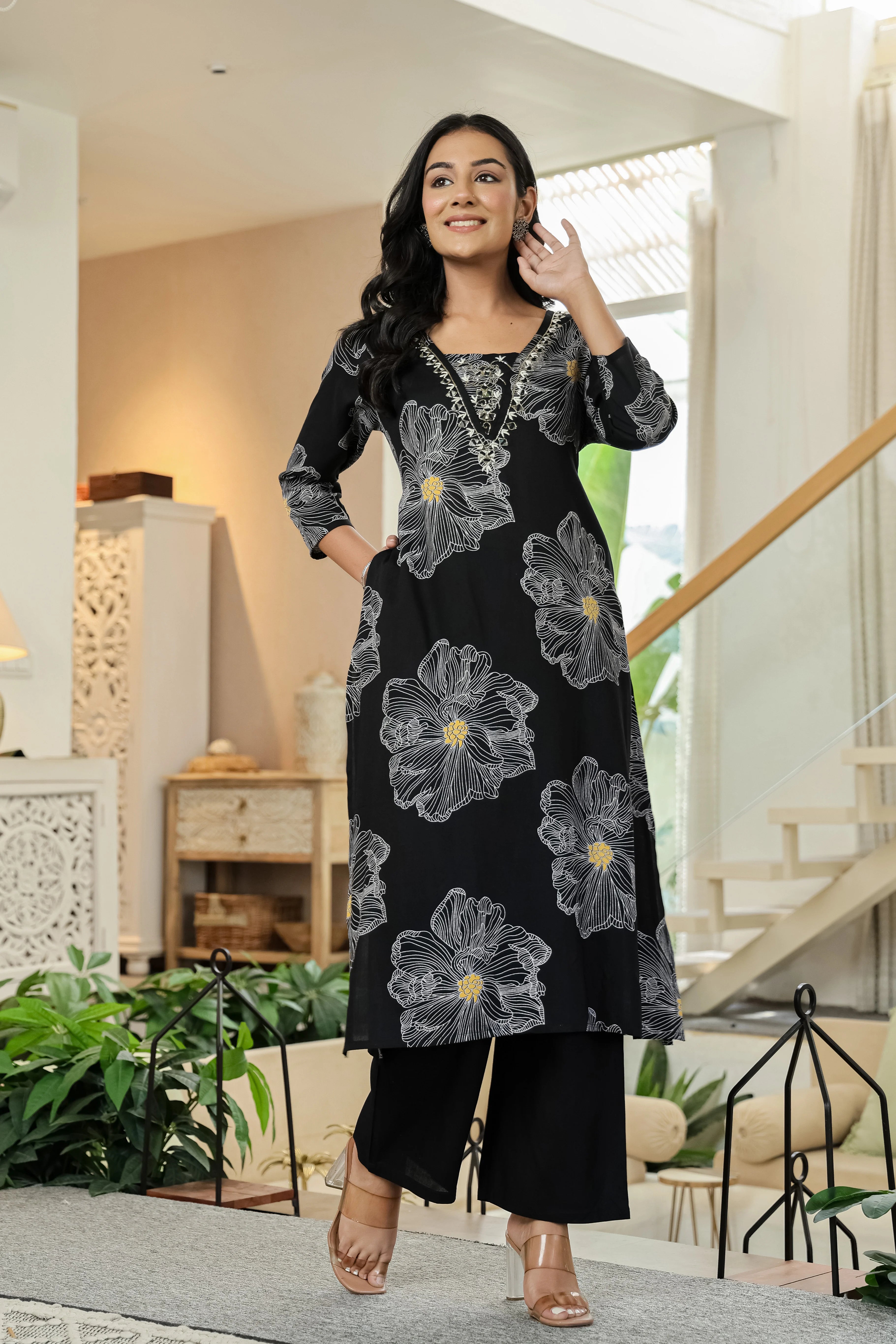 Black Floral Kurta Set