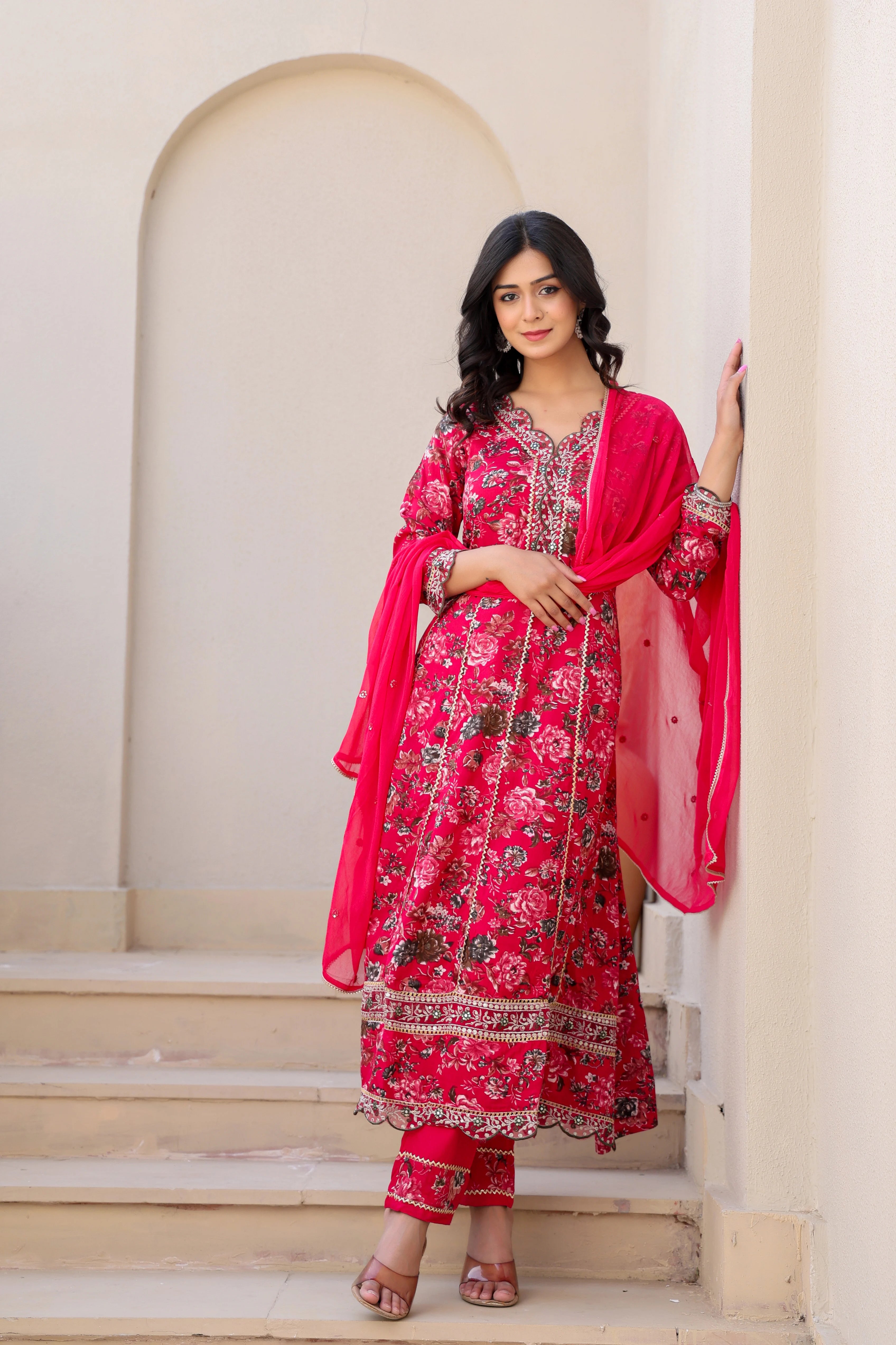 Beautiful Red Heavy Embroidery Floral Kurta Set with Dupatta