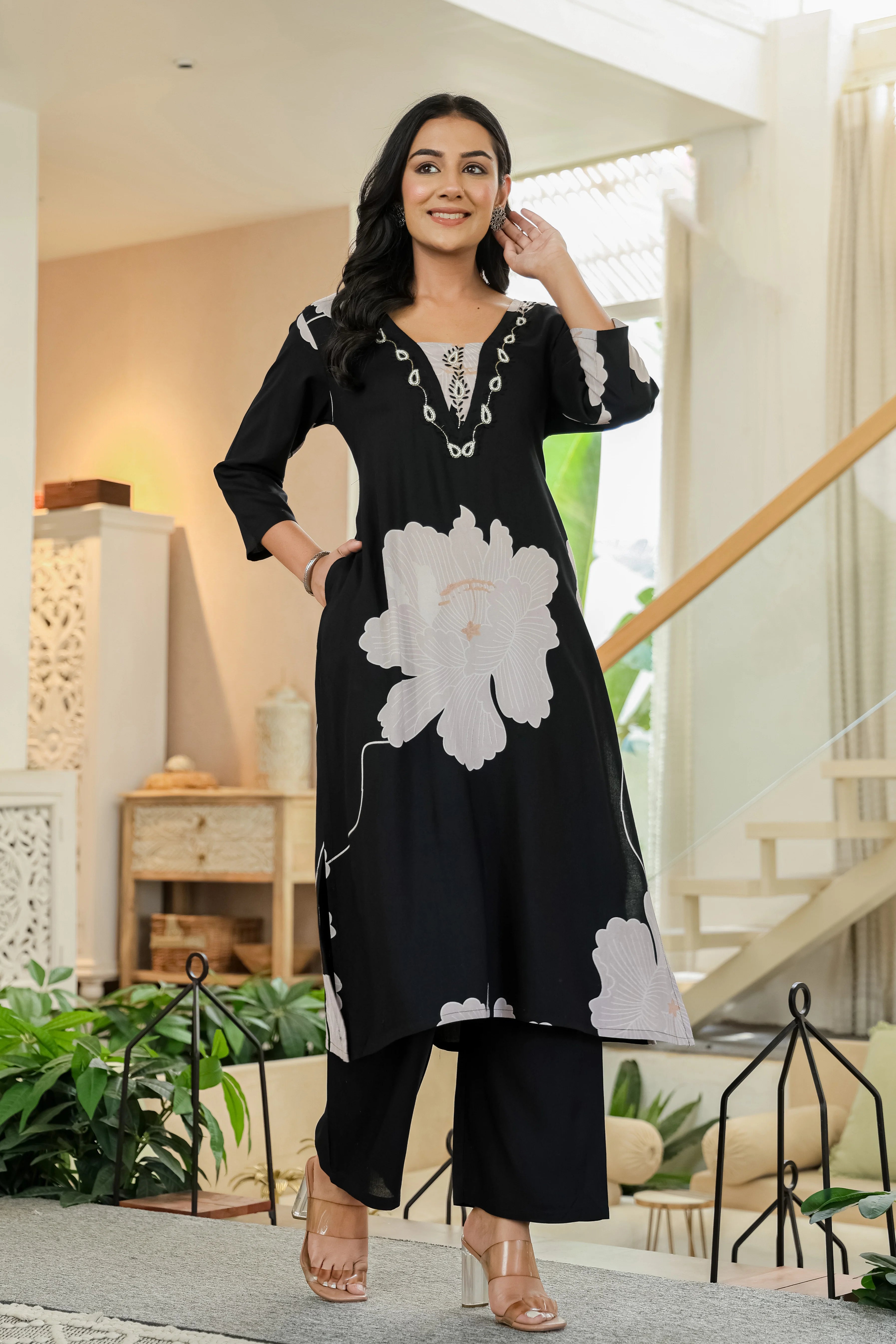 Black & White Floral Kurta Set