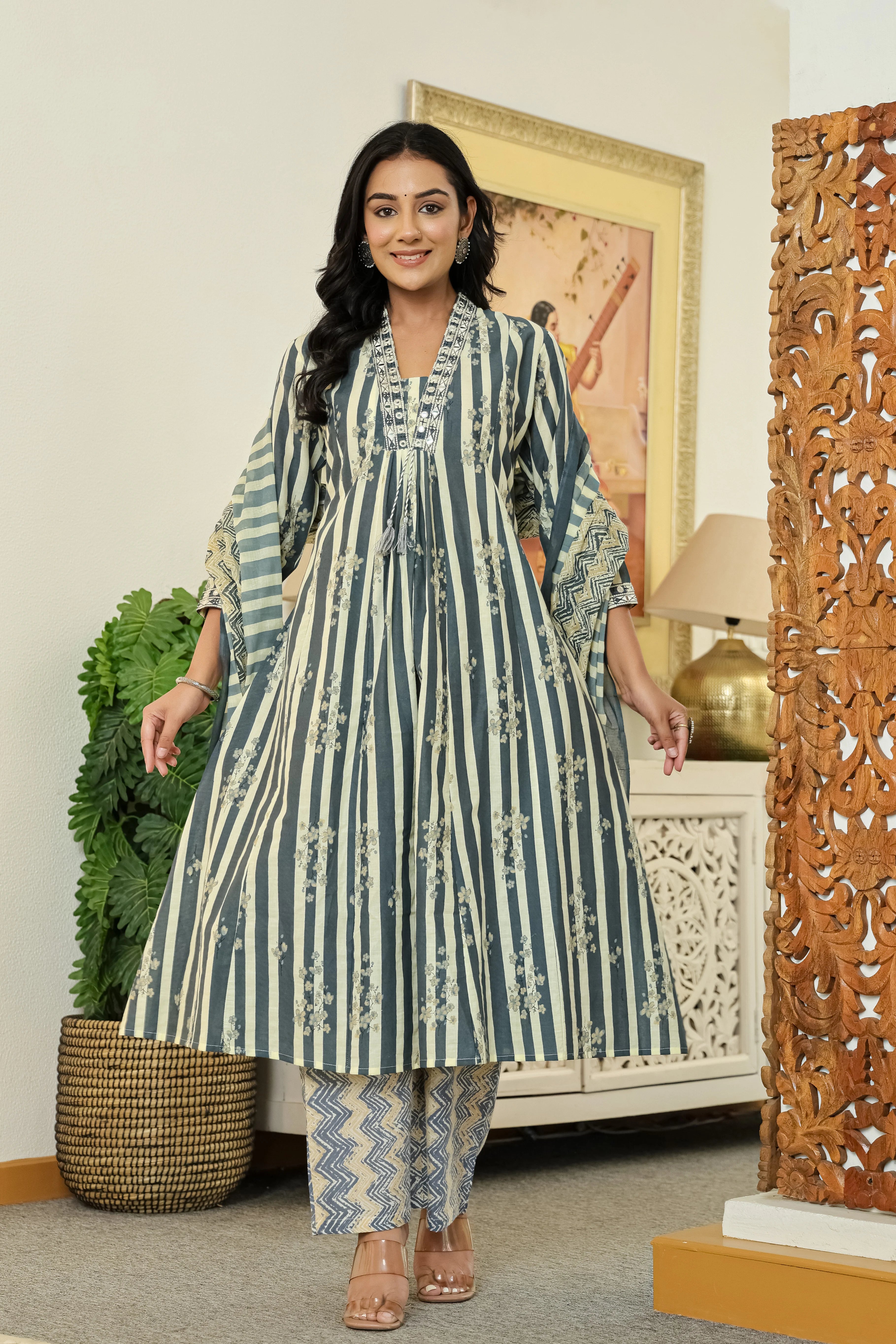 Grey Printed Cotton A-Line Kurta Pant Dupatta Set