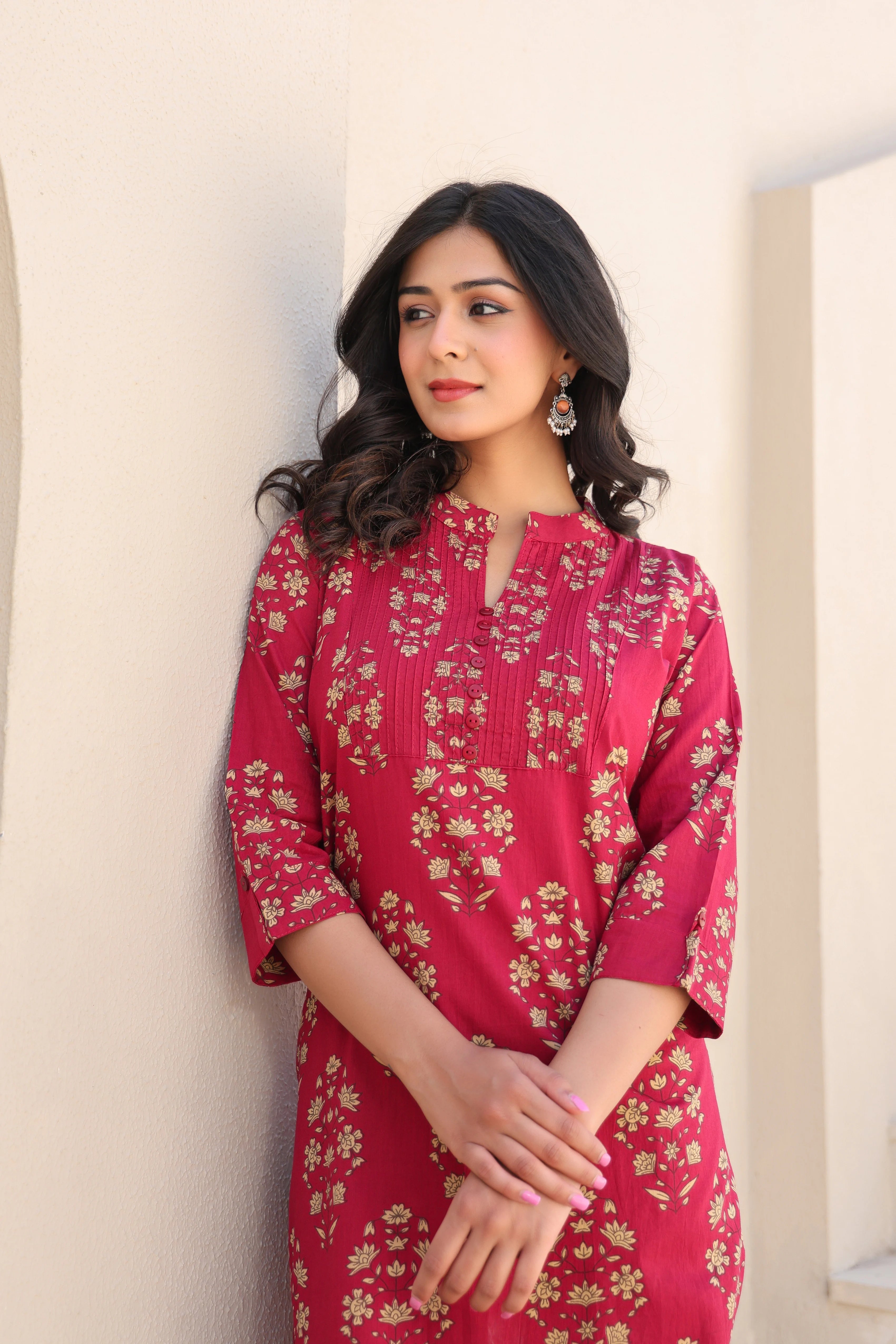 Red Printed Straight Kurti With Printex Work