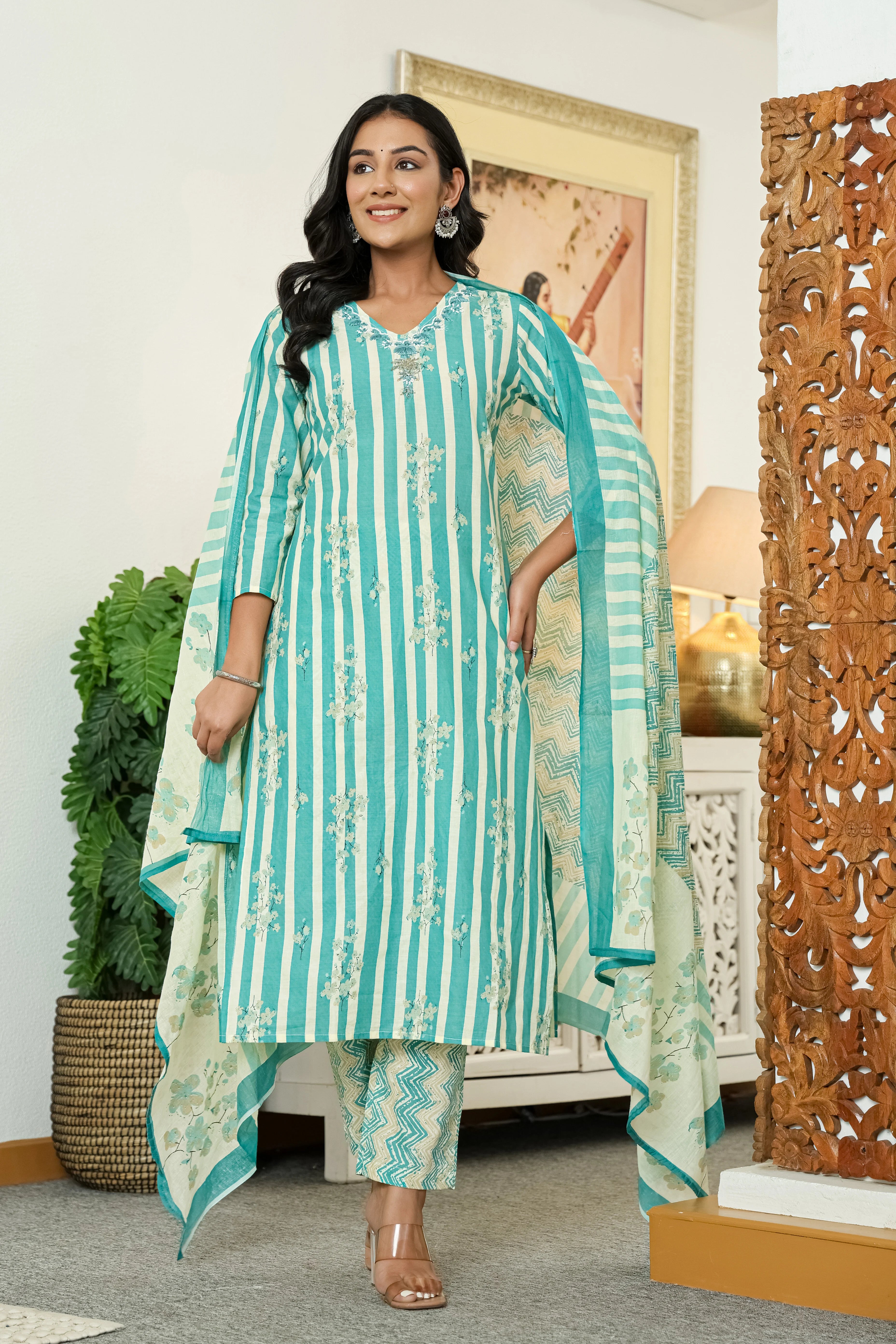 Turquoise Straight Cotton Kurta Pant Dupatta Set
