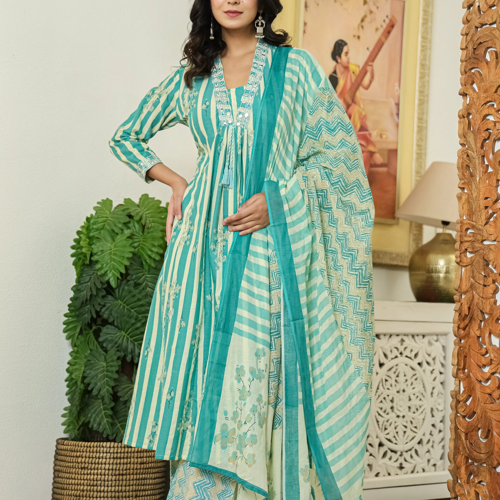 Sea Green Printed Cotton A-Line Kurta Pant Dupatta Set