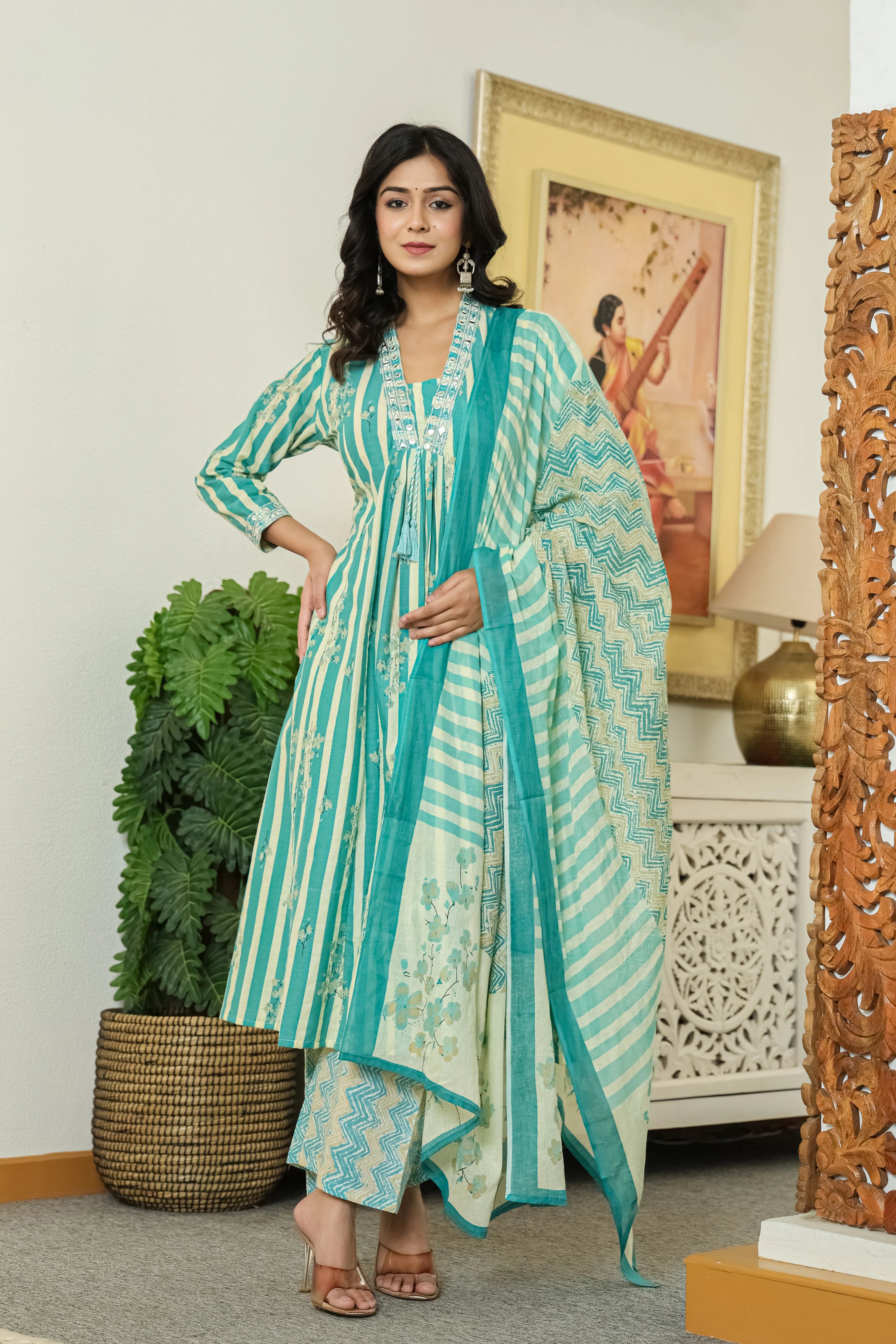 Sea Green Printed Cotton A-Line Kurta Pant Dupatta Set