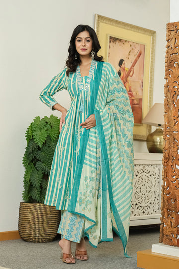 Sea Green Printed Cotton A-Line Kurta Pant Dupatta Set