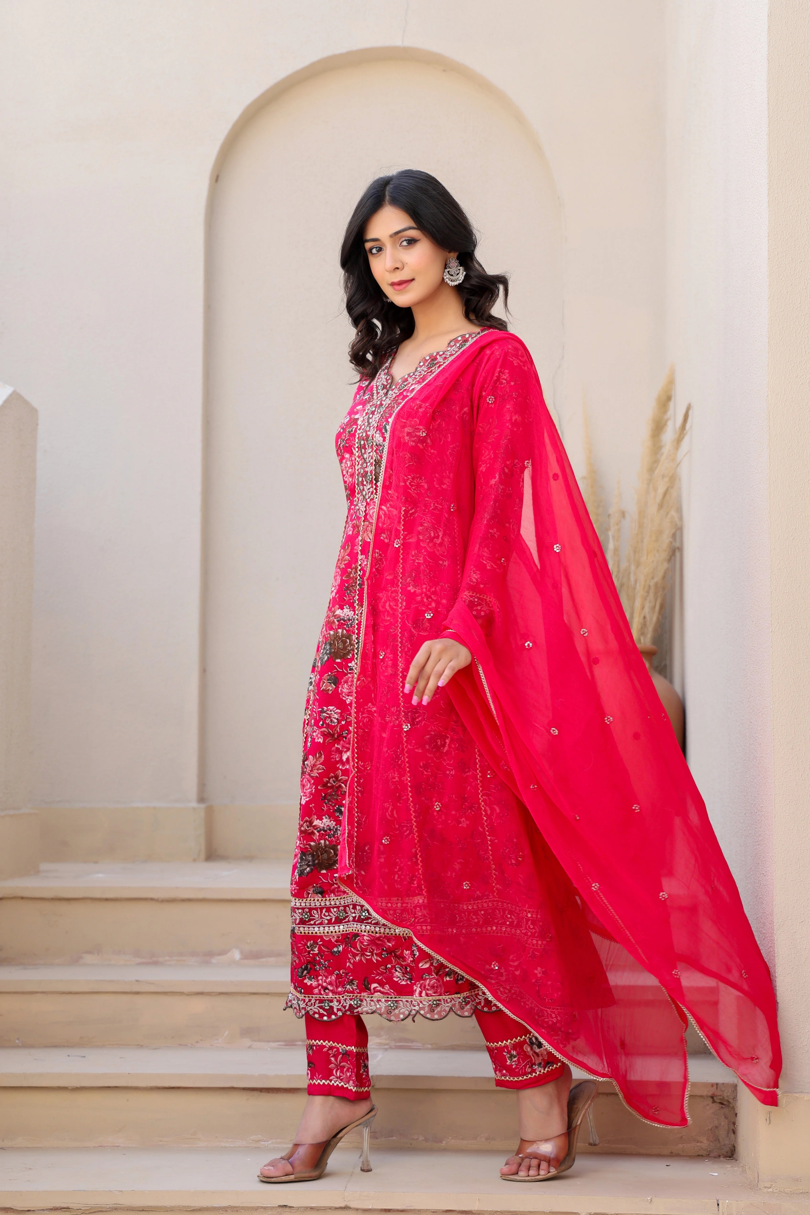 Beautiful Red Heavy Embroidery Floral Kurta Set with Dupatta
