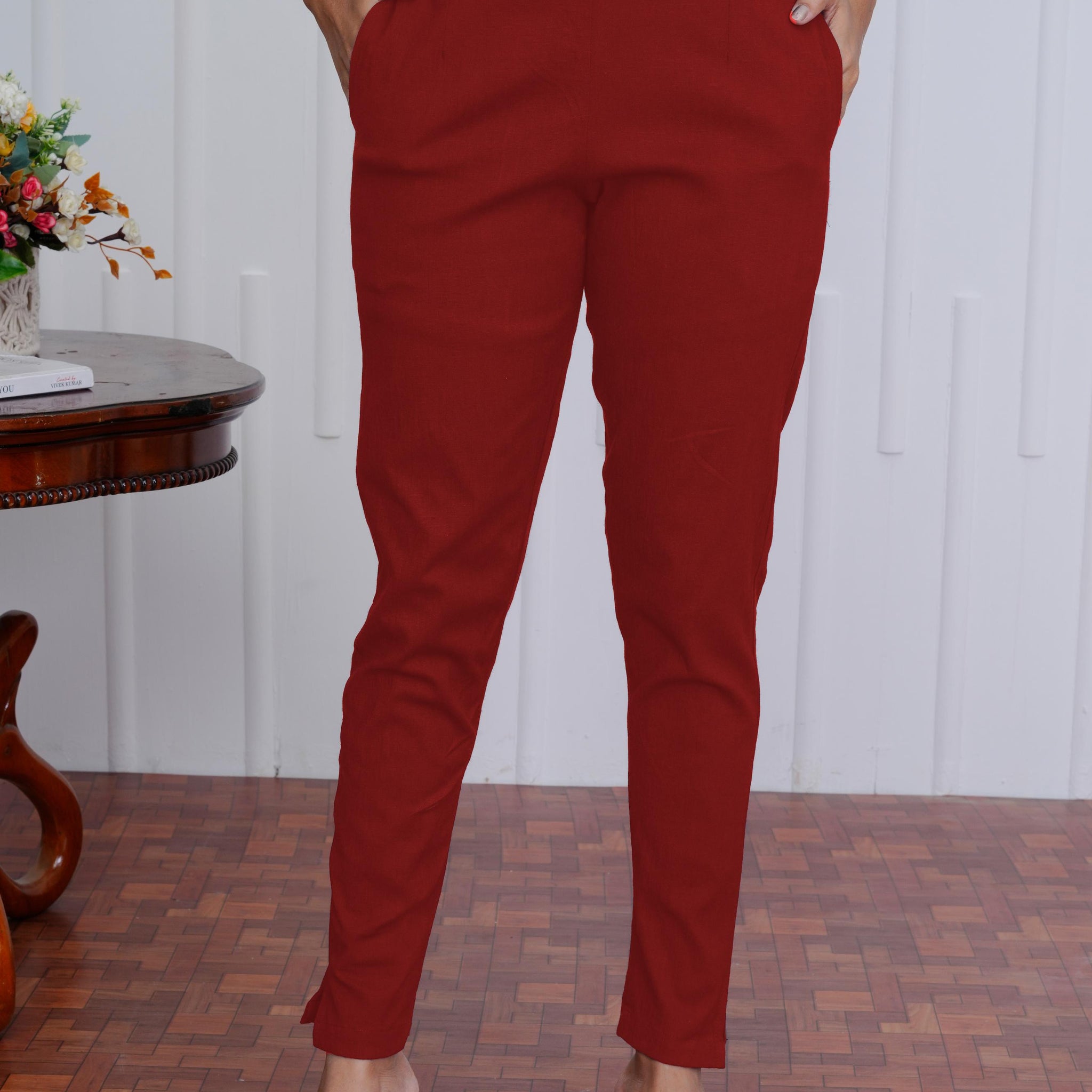 Women’s Red Slim Fit Pants – Comfortable Office Wear & Casual Trousers with Pockets