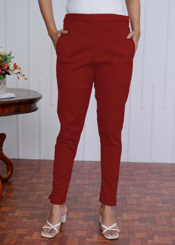 Women’s Red Slim Fit Pants – Comfortable Office Wear & Casual Trousers with Pockets