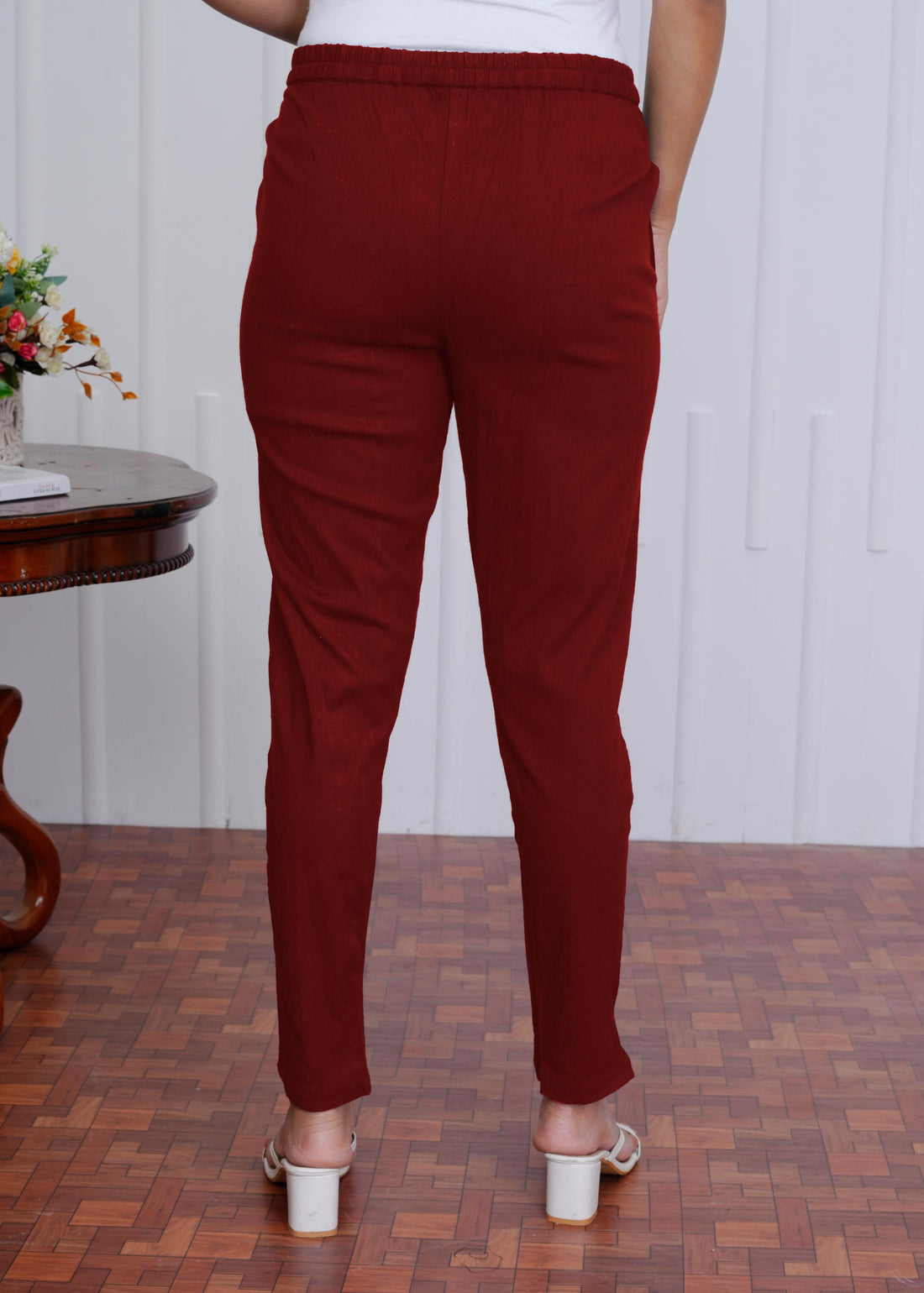 Women’s Red Slim Fit Pants – Comfortable Office Wear & Casual Trousers with Pockets
